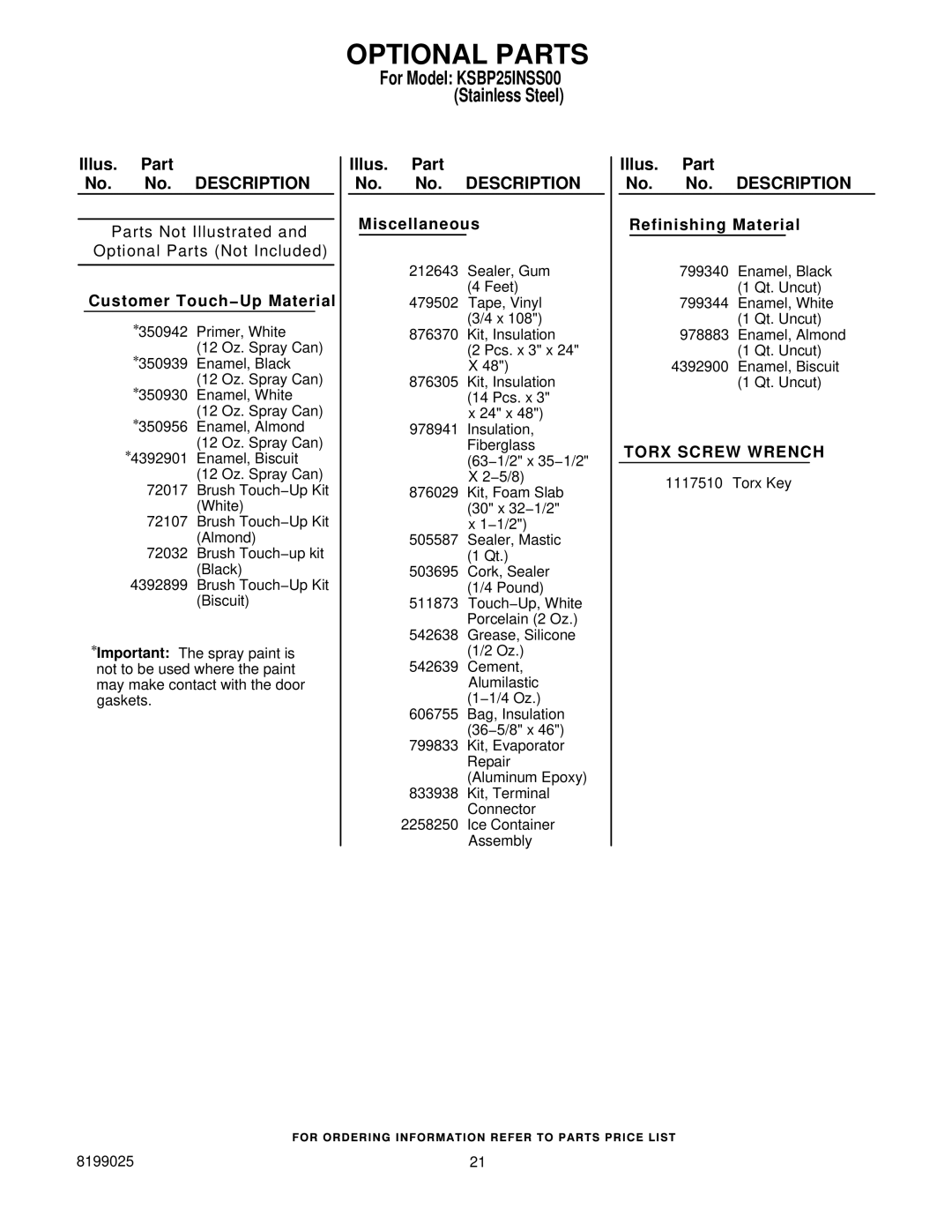 KitchenAid KSBP25INSS00 manual Optional Parts, Customer Touch−Up Material 