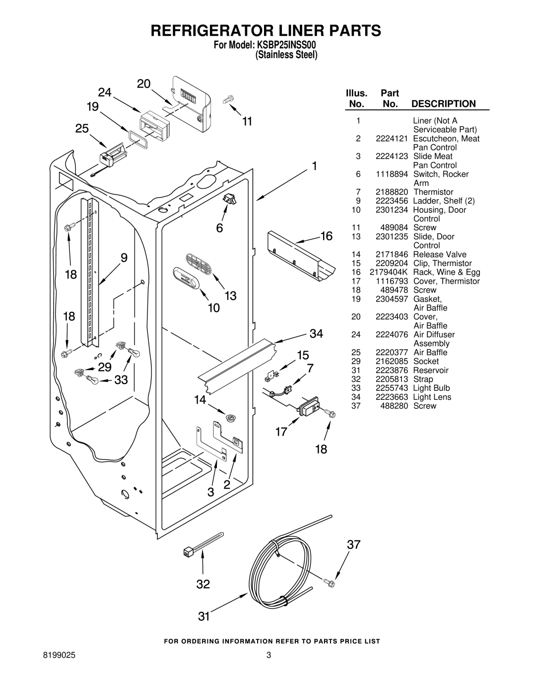 KitchenAid manual Refrigerator Liner Parts, For Model KSBP25INSS00 Stainless Steel 