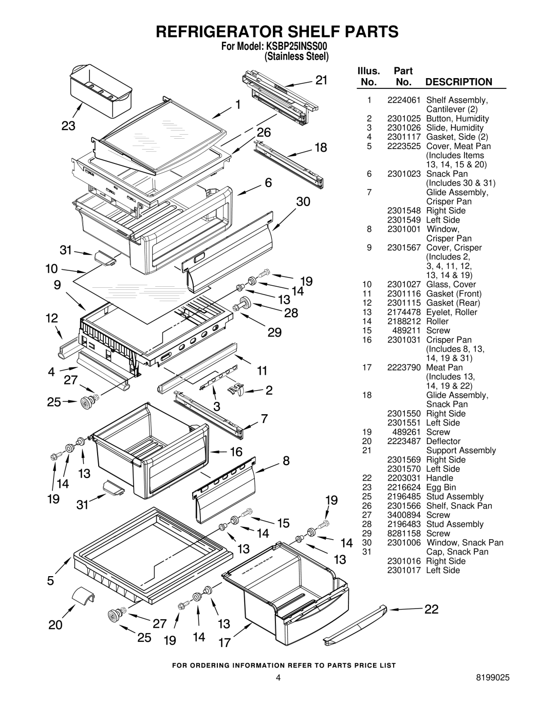 KitchenAid KSBP25INSS00 manual Refrigerator Shelf Parts 