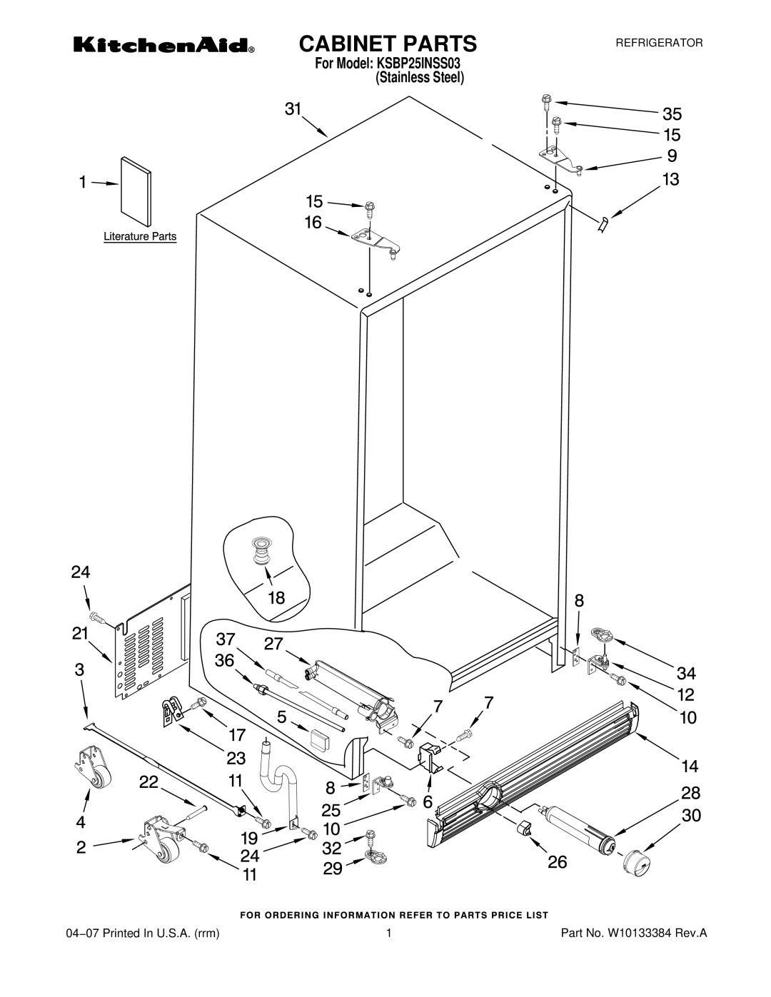 KitchenAid KSBP25INSS03 manual Cabinet Parts 