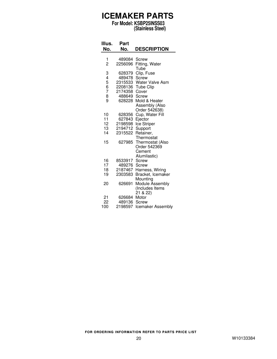 KitchenAid KSBP25INSS03 manual Icemaker Parts 