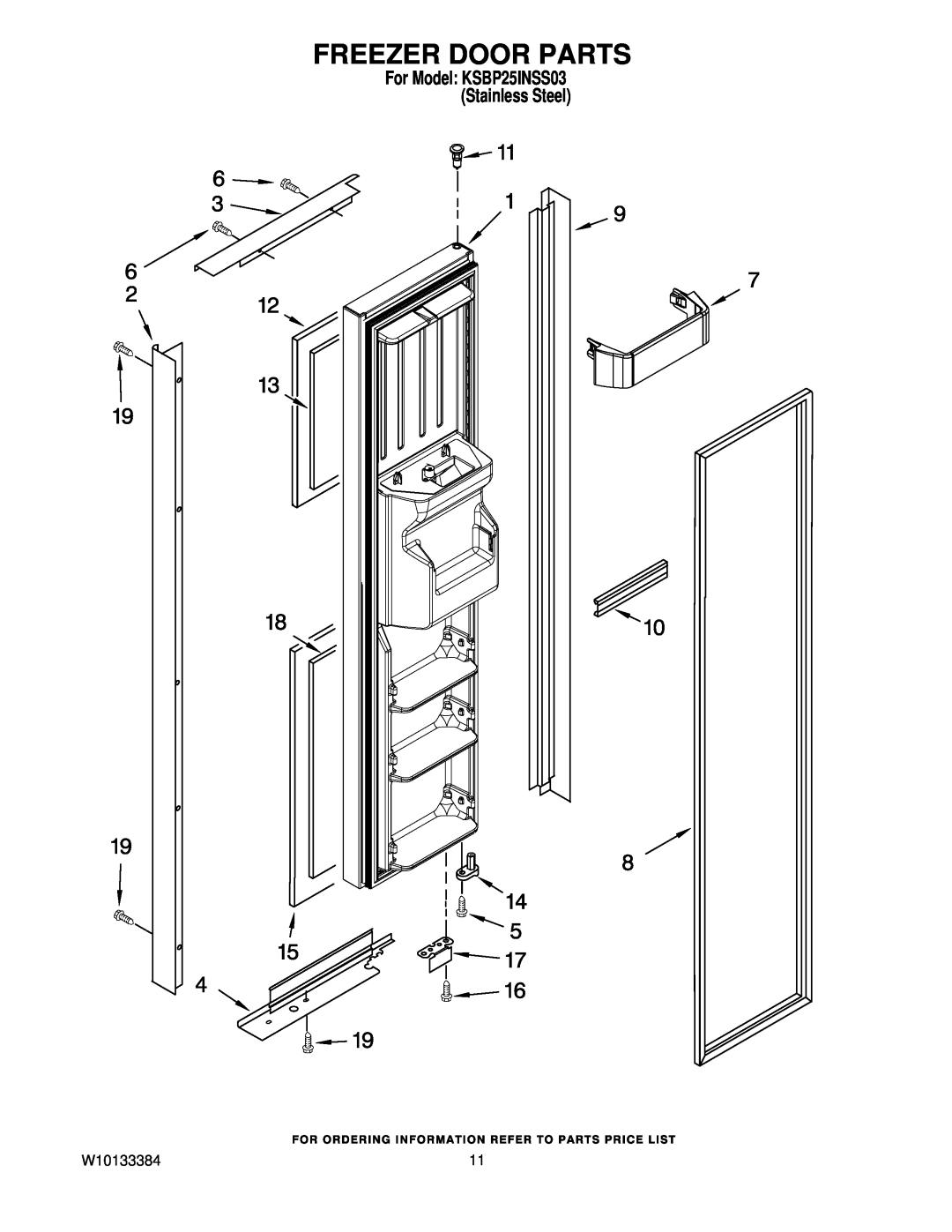 KitchenAid manual Freezer Door Parts, W10133384, For Model KSBP25INSS03 Stainless Steel 