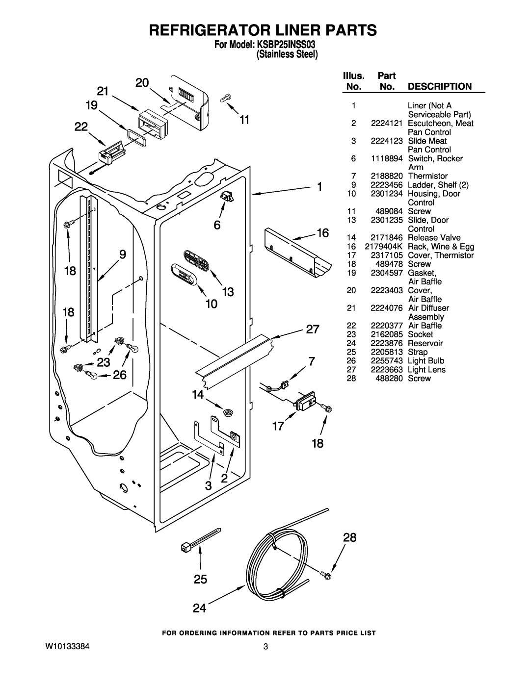 KitchenAid manual Refrigerator Liner Parts, For Model KSBP25INSS03 Stainless Steel, Illus, Description 