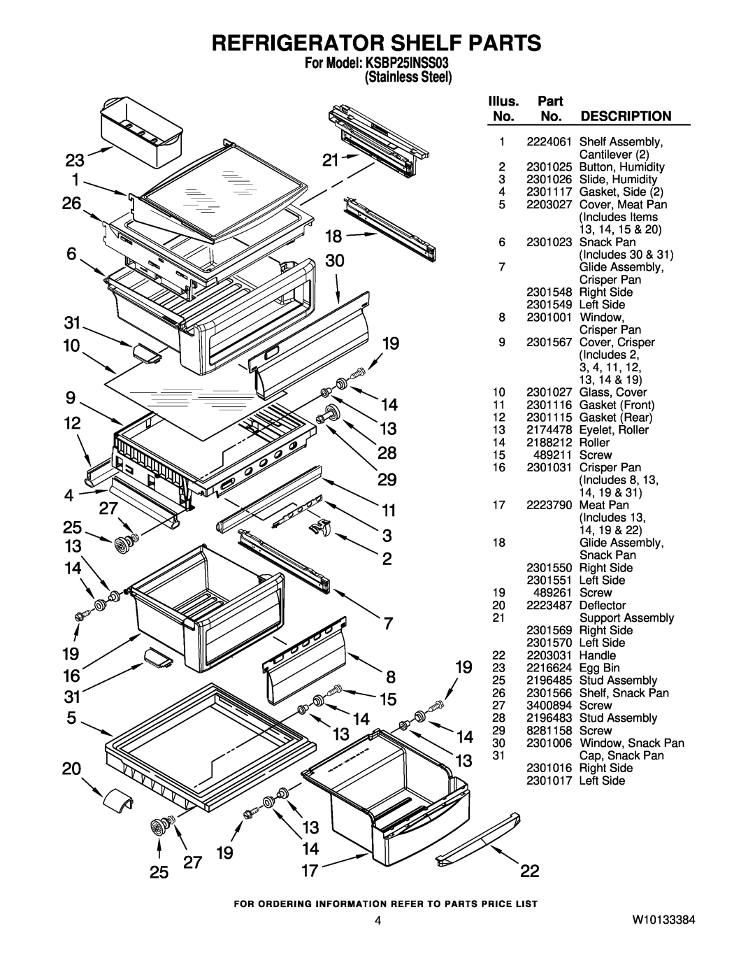 KitchenAid manual Refrigerator Shelf Parts, For Model KSBP25INSS03 Stainless Steel, Illus, Description 