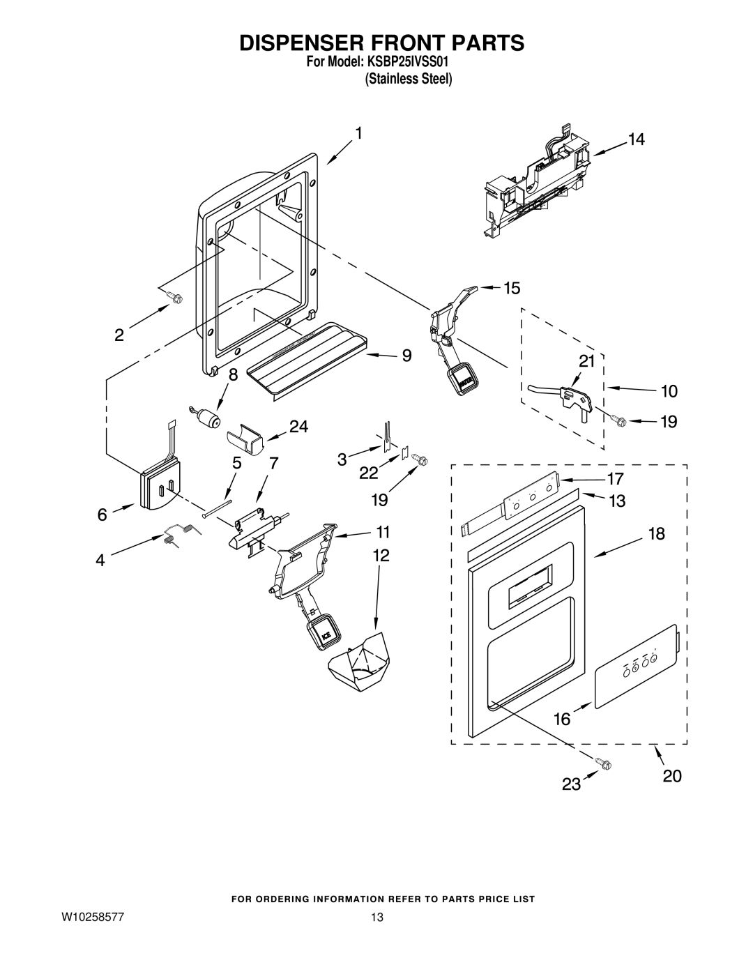 KitchenAid KSBP25IVSS01 manual Dispenser Front Parts 