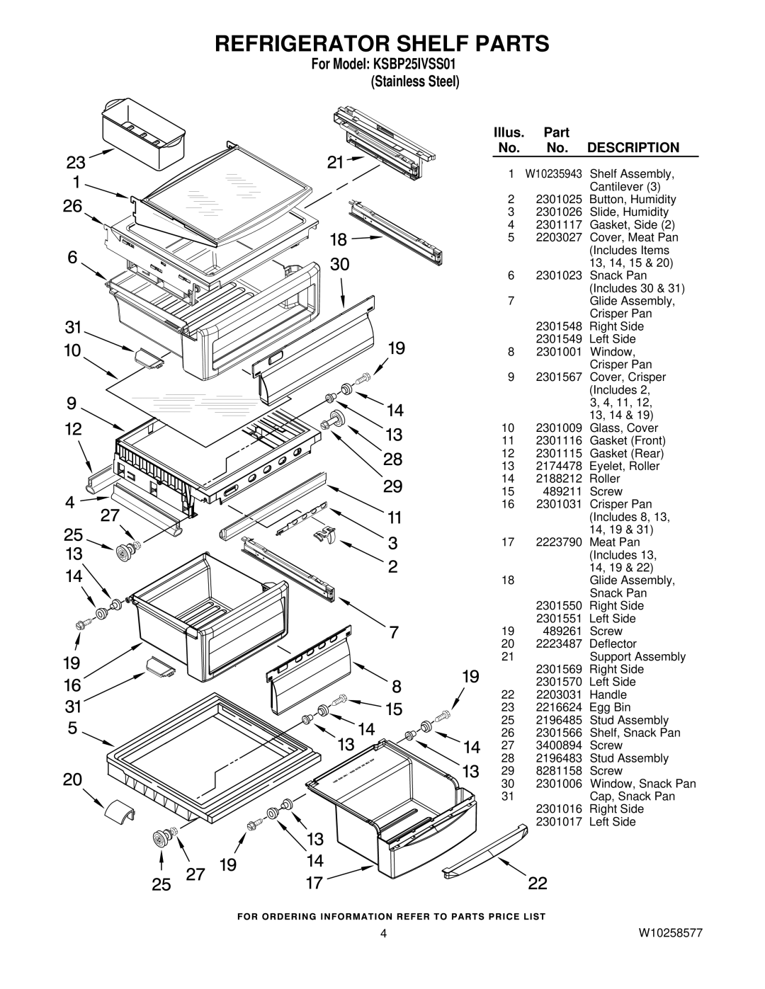 KitchenAid KSBP25IVSS01 manual Refrigerator Shelf Parts 