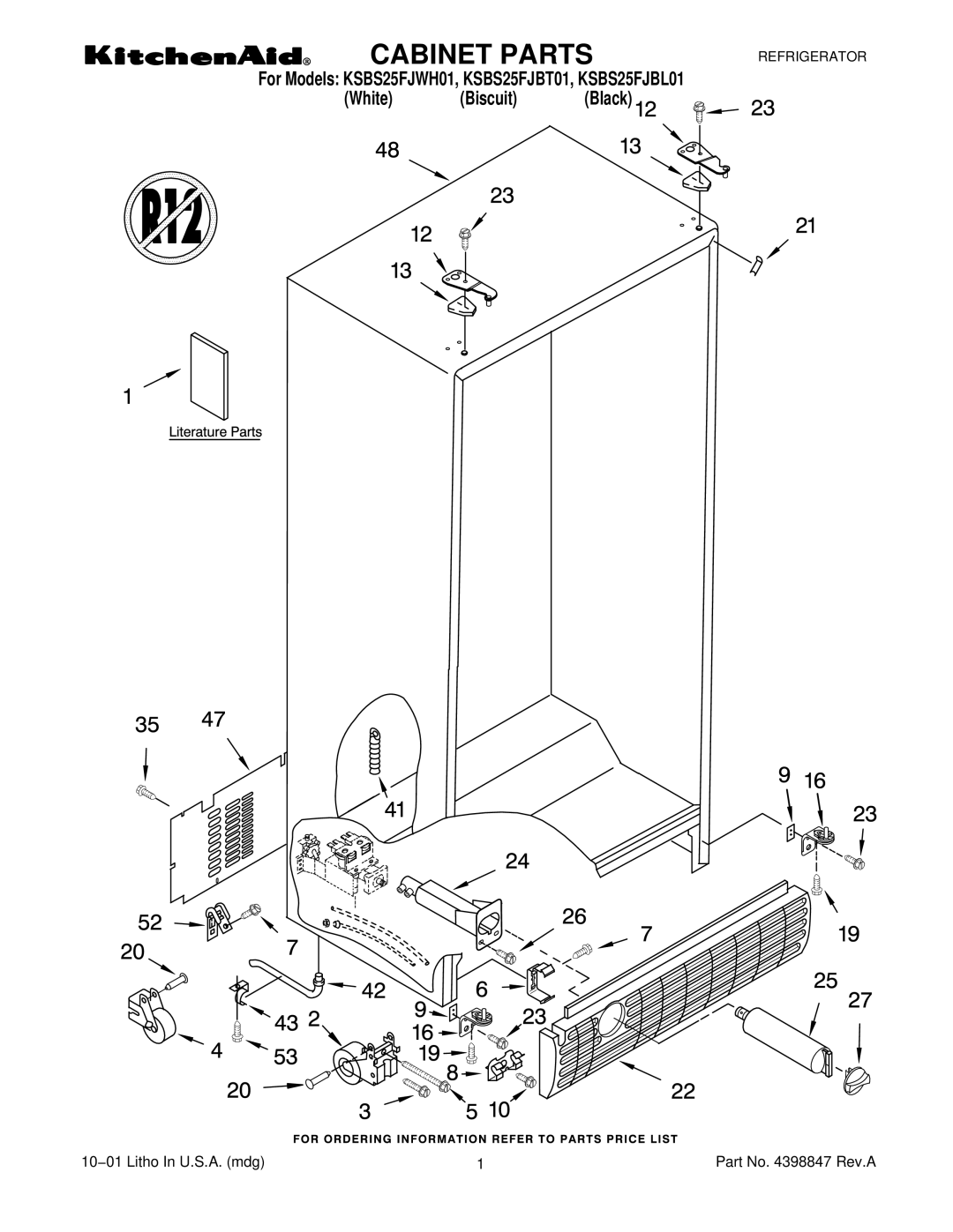 KitchenAid KSBS25FJBL01, KSBS25FJWHO1, KSBS25FJBT01 manual Cabinet Parts 