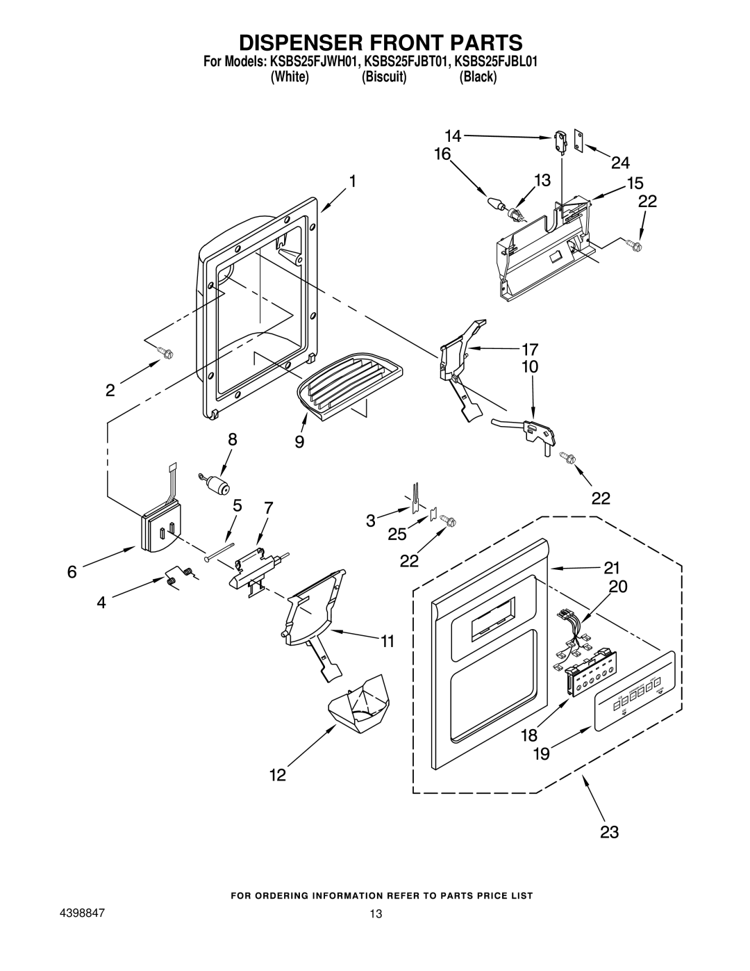 KitchenAid KSBS25FJBL01, KSBS25FJWHO1, KSBS25FJBT01 manual Dispenser Front Parts 