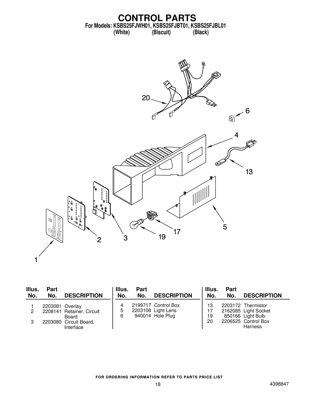 KitchenAid KSBS25FJWHO1, KSBS25FJBL01, KSBS25FJBT01 manual Control Parts 