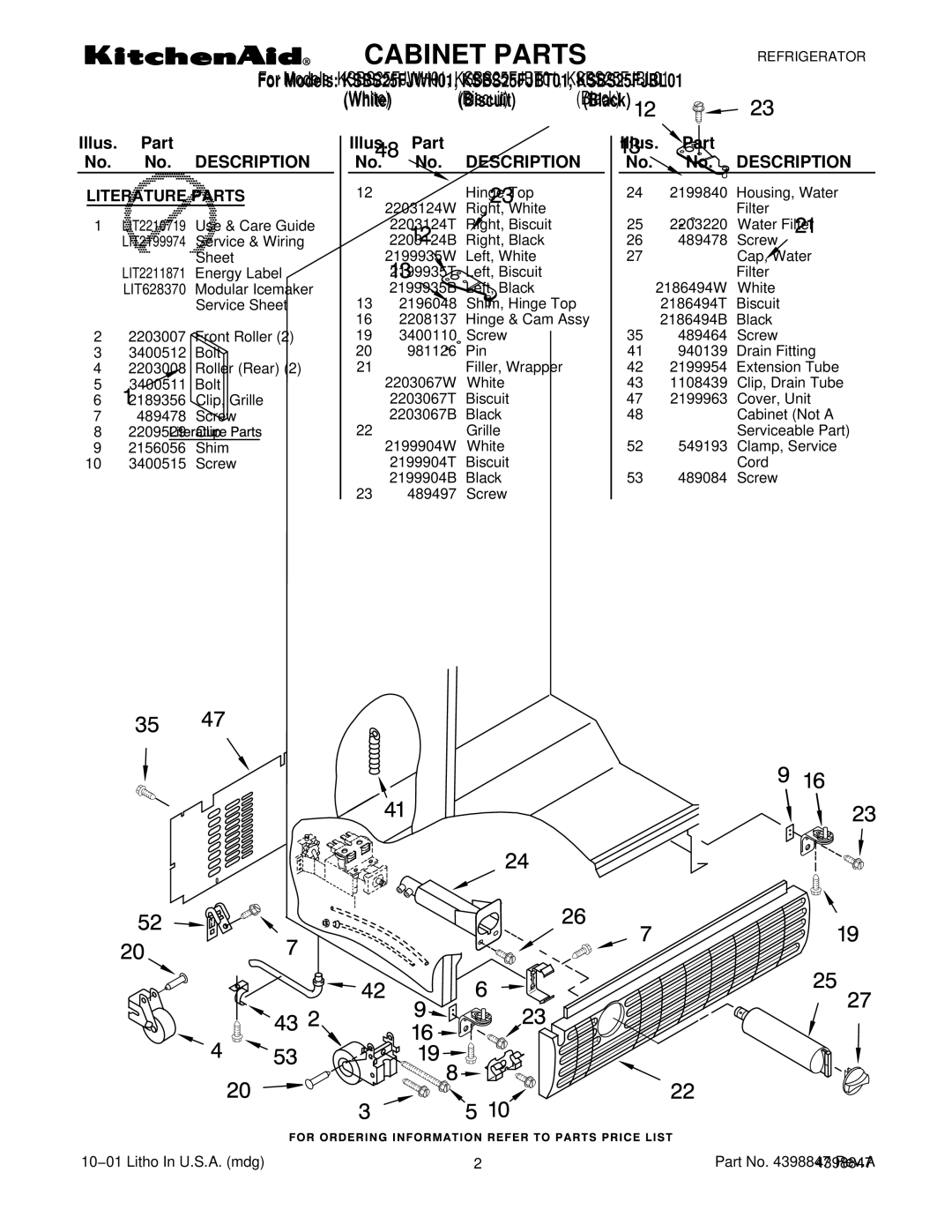 KitchenAid KSBS25FJBT01, KSBS25FJWHO1, KSBS25FJBL01 manual Literature Parts 