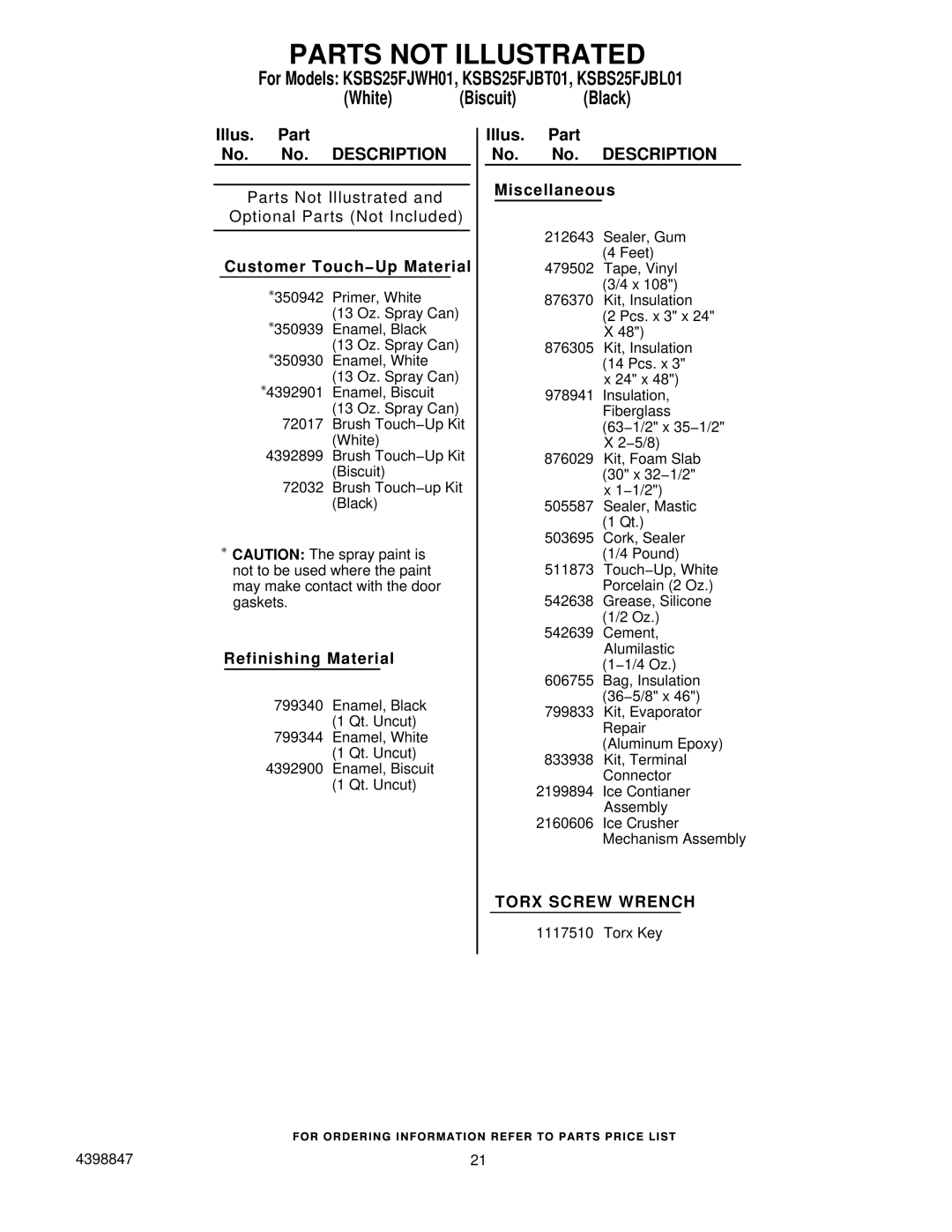 KitchenAid KSBS25FJWHO1, KSBS25FJBL01, KSBS25FJBT01 manual Parts not Illustrated, Customer Touch−Up Material 