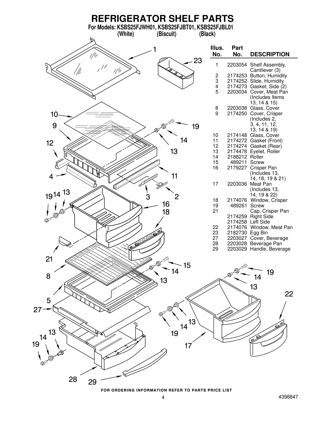 KitchenAid KSBS25FJBL01, KSBS25FJWHO1, KSBS25FJBT01 manual Refrigerator Shelf Parts 