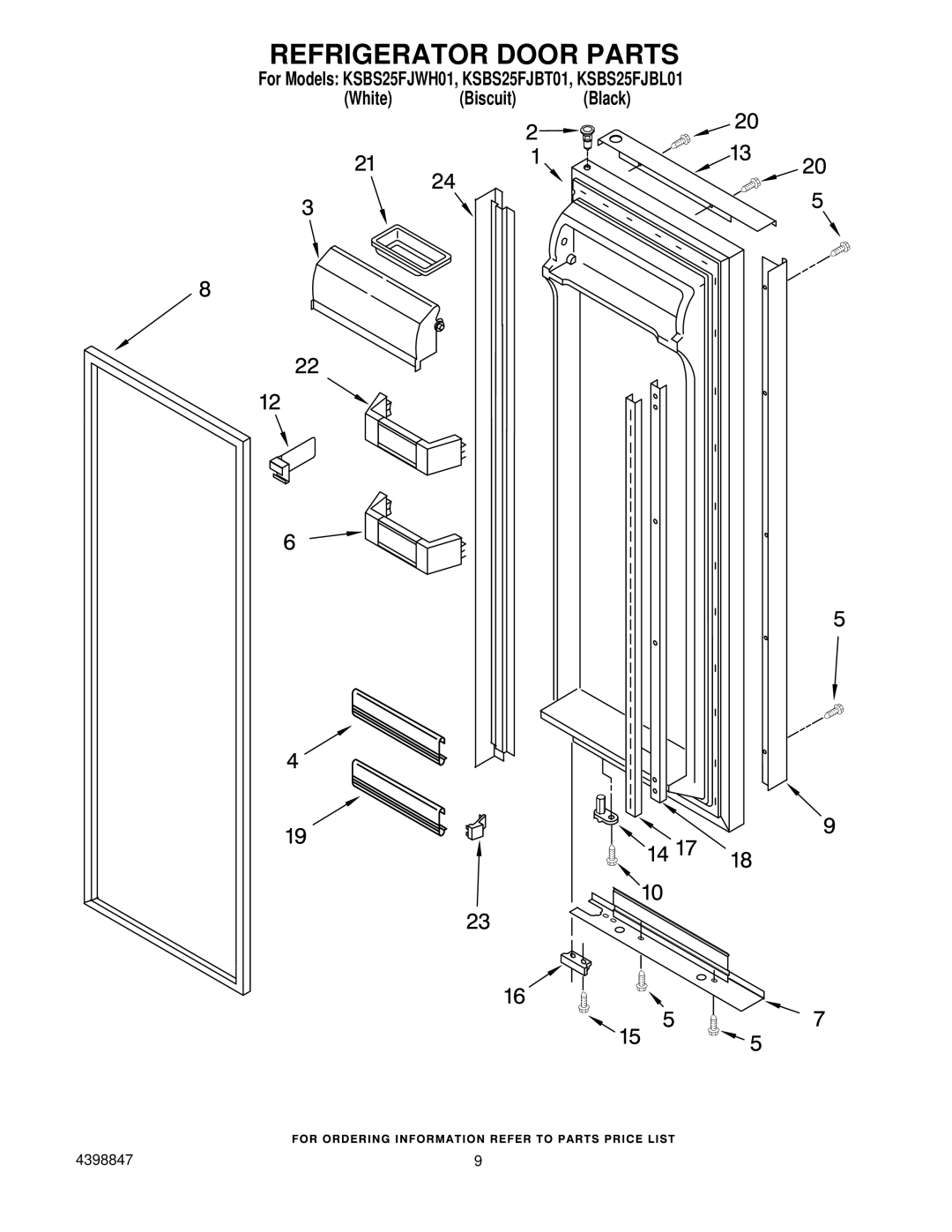 KitchenAid KSBS25FJWHO1, KSBS25FJBL01, KSBS25FJBT01 manual Refrigerator Door Parts 