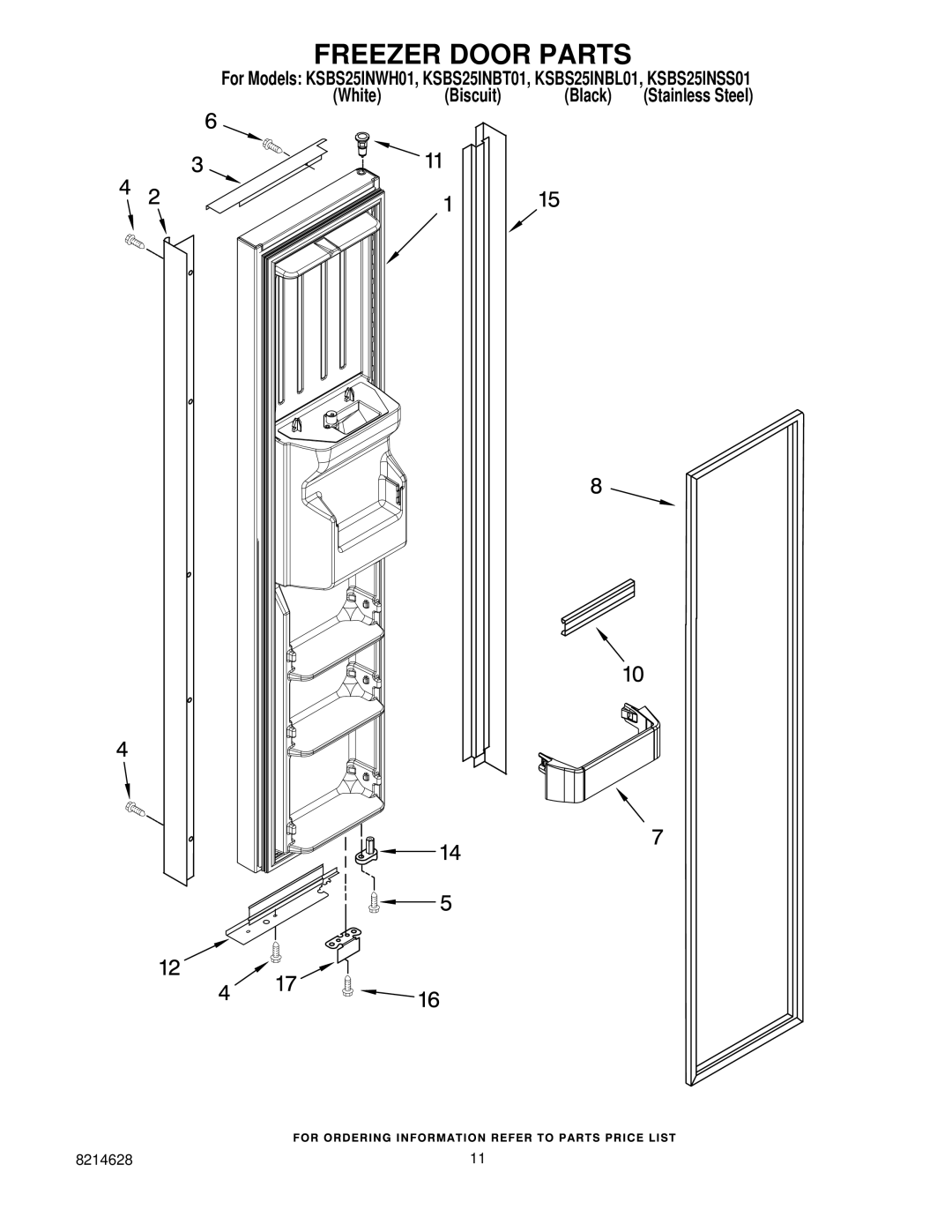 KitchenAid KSBS25INBL01, KSBS25INSS01, KSBS25INBT01, KSBS25INWH01 manual Freezer Door Parts 