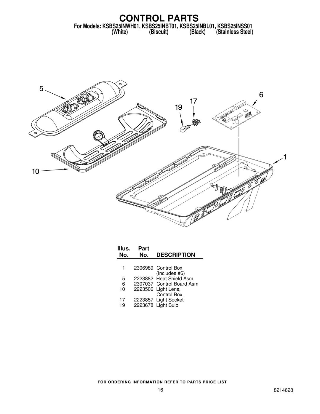 KitchenAid KSBS25INSS01, KSBS25INBT01, KSBS25INWH01, KSBS25INBL01 manual Control Parts 