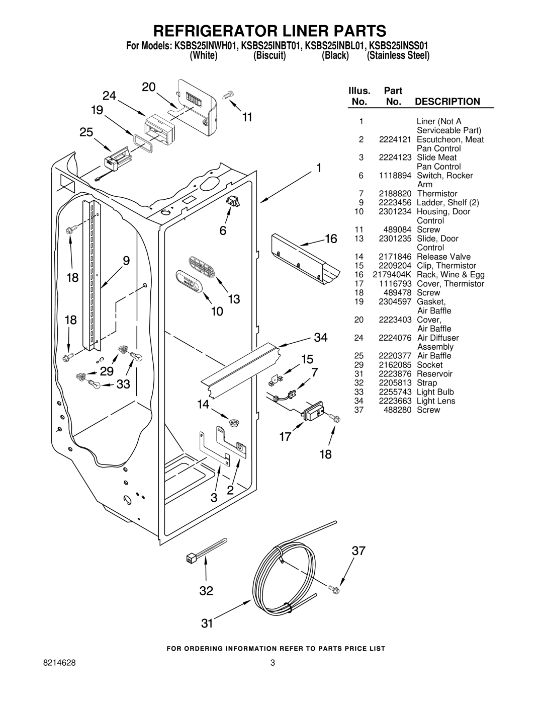 KitchenAid KSBS25INBL01, KSBS25INSS01, KSBS25INBT01, KSBS25INWH01 manual Refrigerator Liner Parts, Description 