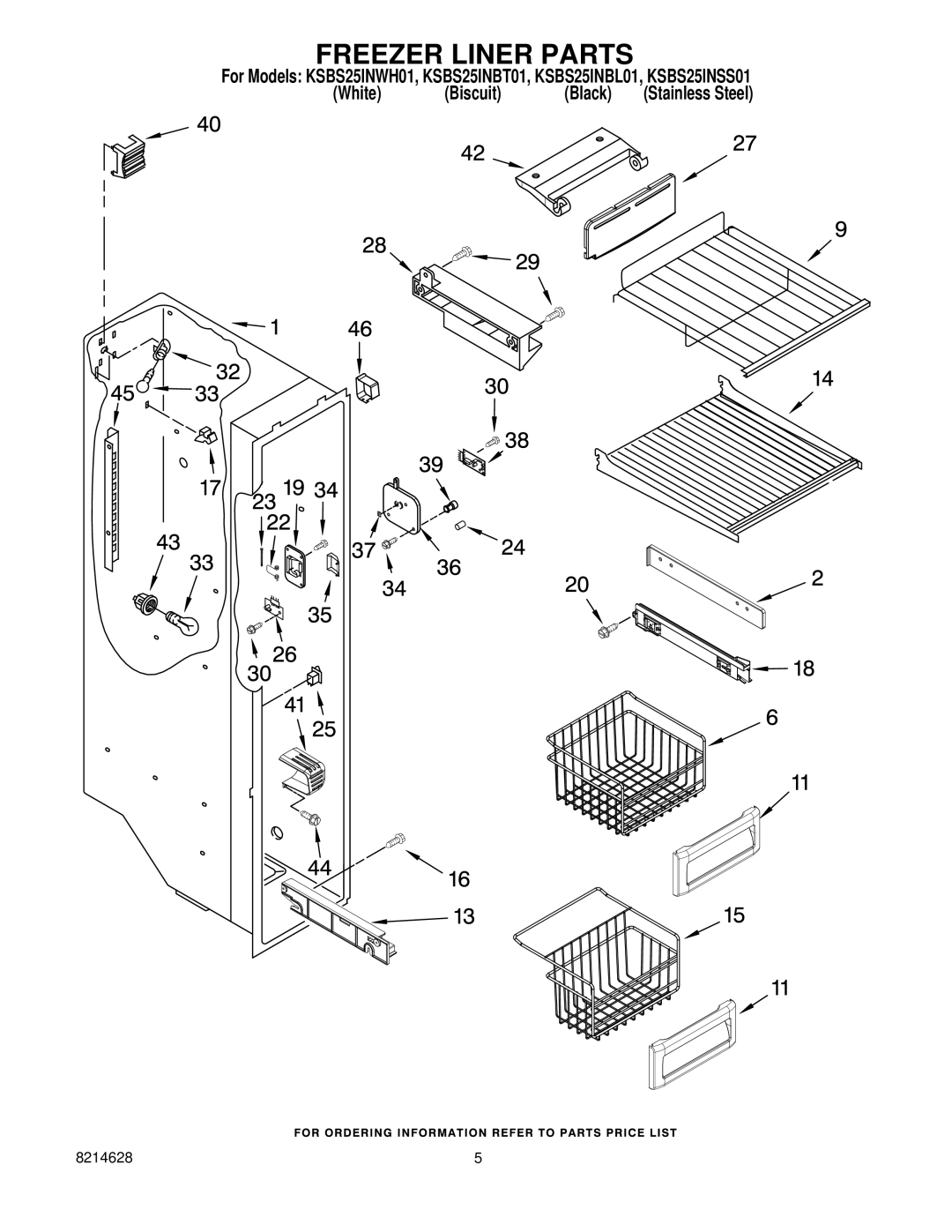 KitchenAid KSBS25INBT01, KSBS25INSS01, KSBS25INWH01, KSBS25INBL01 manual Freezer Liner Parts 