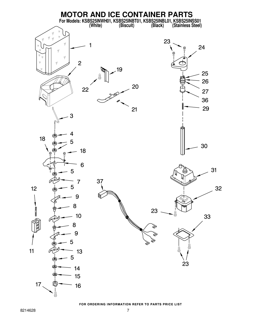 KitchenAid KSBS25INBL01, KSBS25INSS01, KSBS25INBT01, KSBS25INWH01 manual Motor and ICE Container Parts 