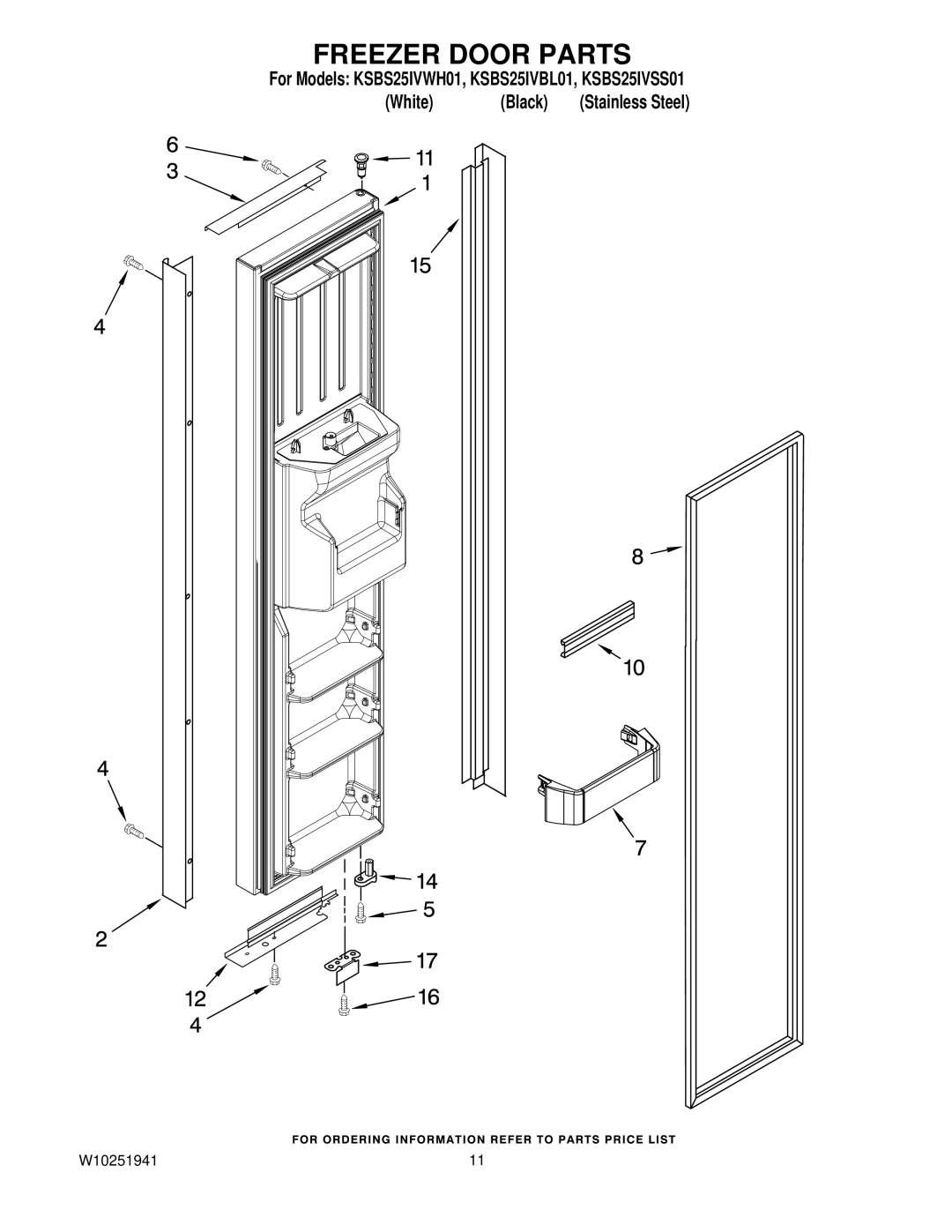 KitchenAid KSBS25IVSS01, KSBS25IVBL01, KSBS25IVWH01 manual Freezer Door Parts 