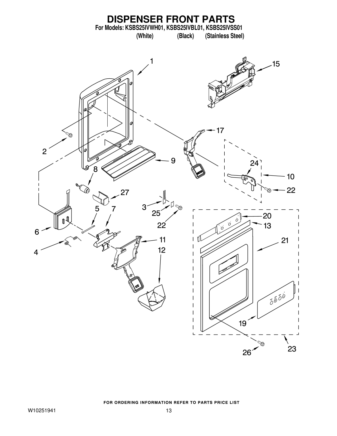 KitchenAid KSBS25IVWH01, KSBS25IVBL01, KSBS25IVSS01 manual Dispenser Front Parts 