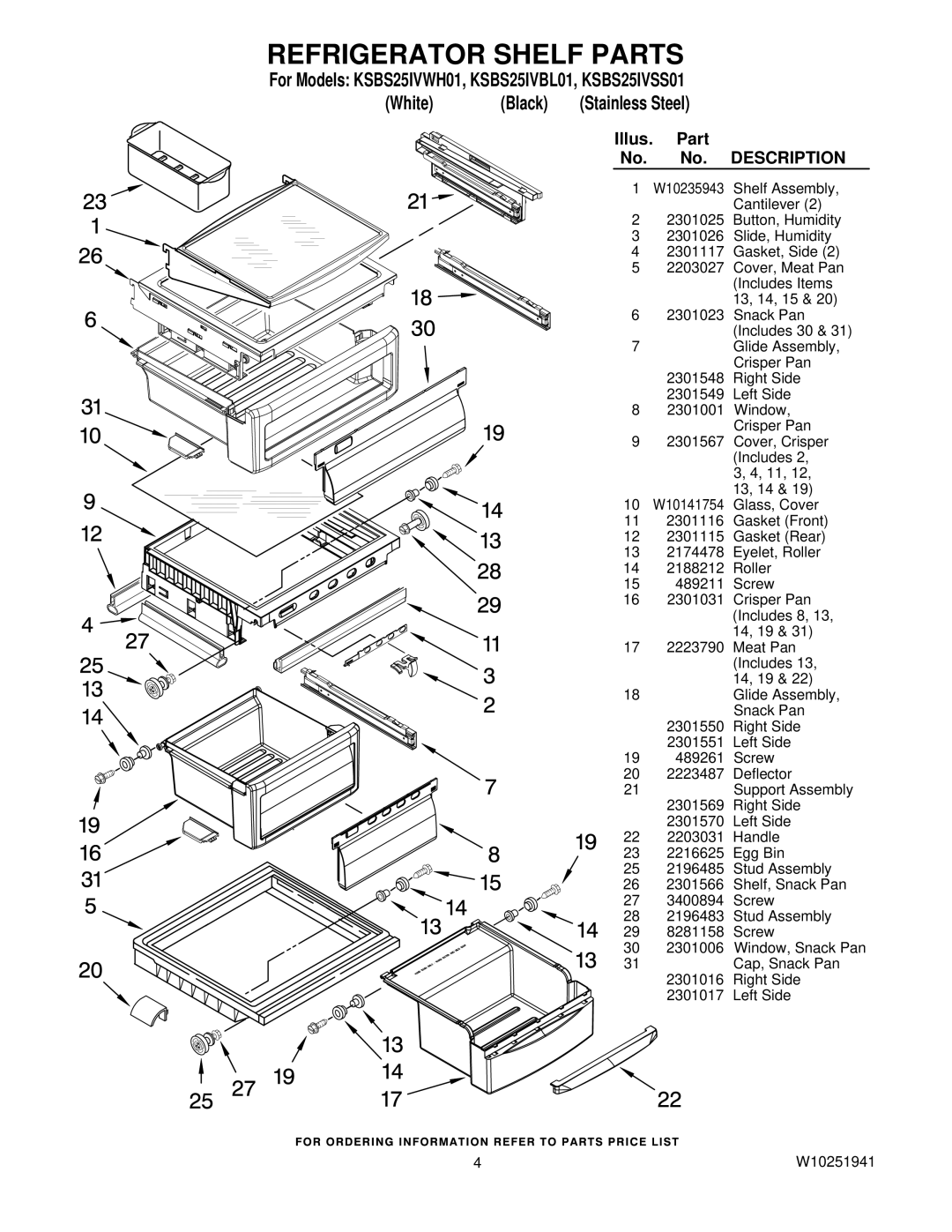 KitchenAid KSBS25IVWH01, KSBS25IVBL01, KSBS25IVSS01 manual Refrigerator Shelf Parts 