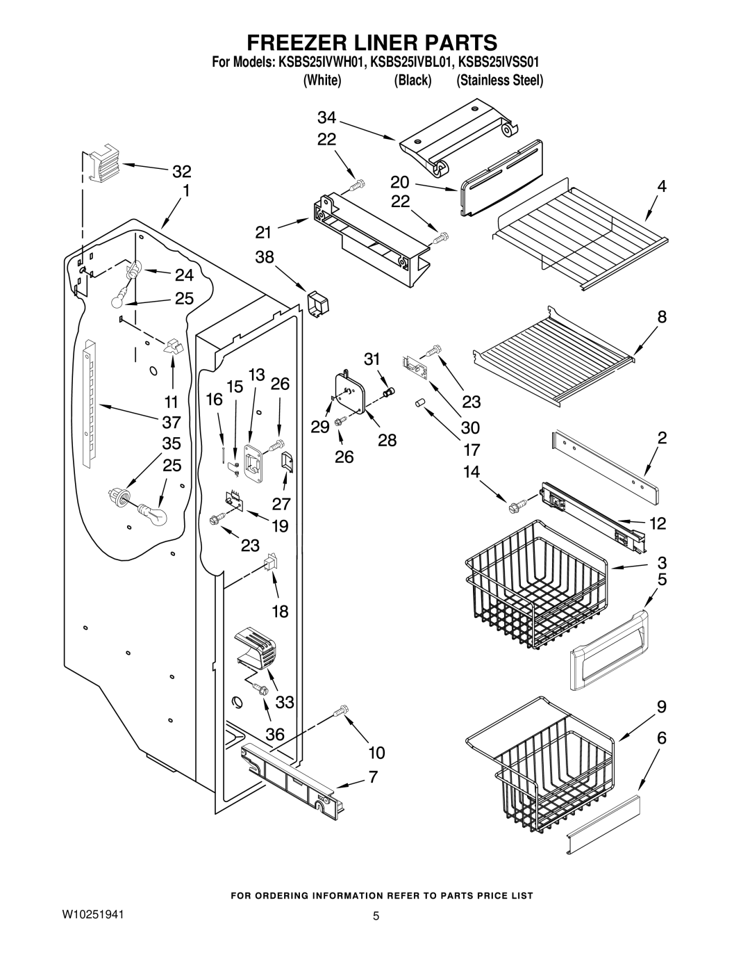 KitchenAid KSBS25IVSS01, KSBS25IVBL01, KSBS25IVWH01 manual Freezer Liner Parts 