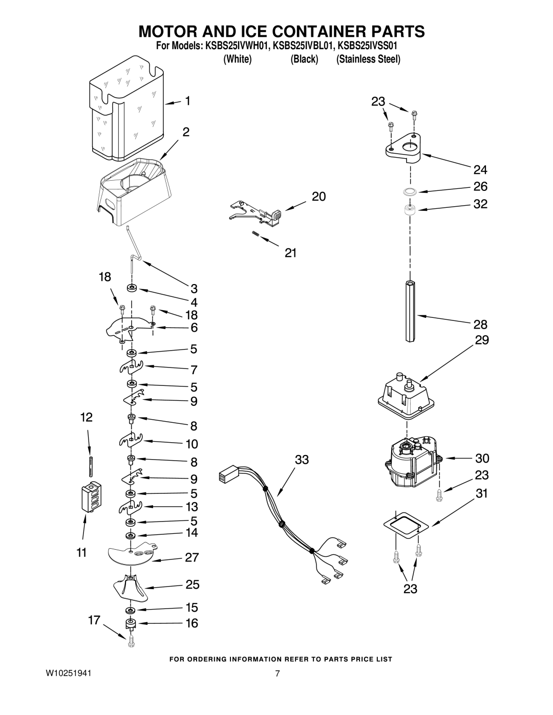 KitchenAid KSBS25IVWH01, KSBS25IVBL01, KSBS25IVSS01 manual Motor and ICE Container Parts 