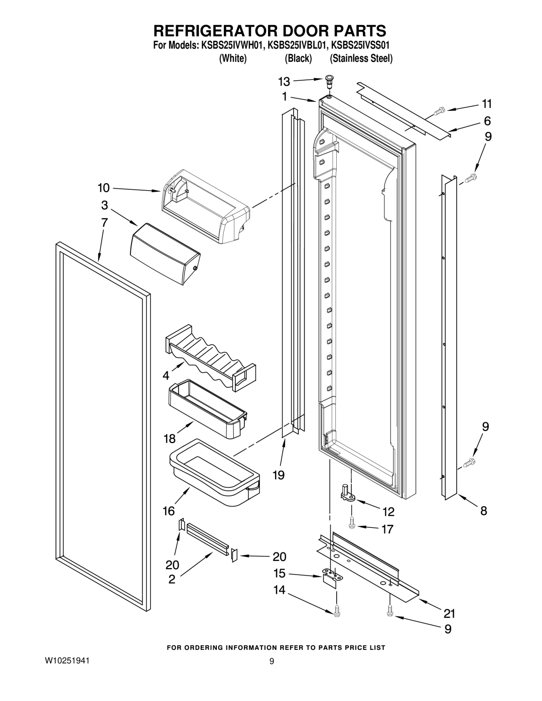 KitchenAid KSBS25IVBL01, KSBS25IVWH01, KSBS25IVSS01 manual Refrigerator Door Parts 