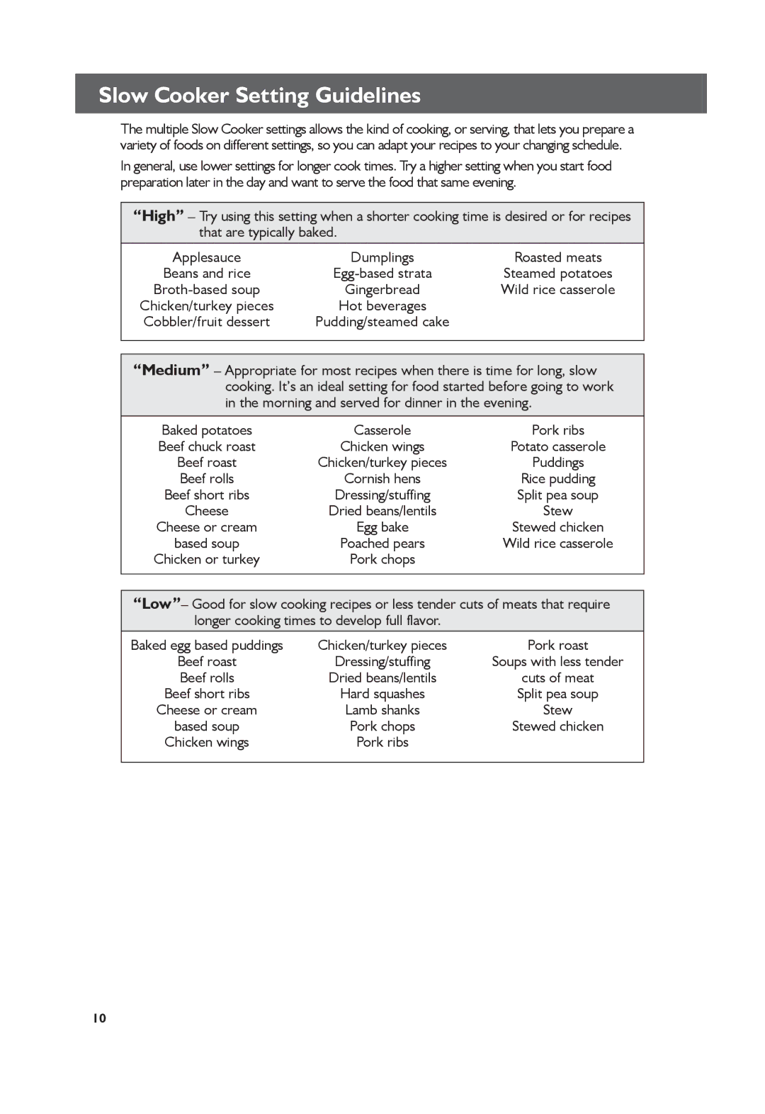 KitchenAid KSC6222, KSC6223 manual Slow Cooker Setting Guidelines, Baked potatoes Casserole Pork ribs 