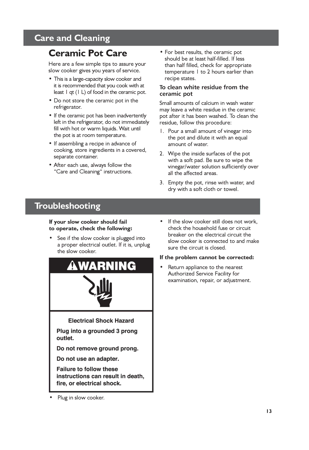 KitchenAid KSC6223, KSC6222 manual Ceramic Pot Care, Troubleshooting, To clean white residue from the ceramic pot 