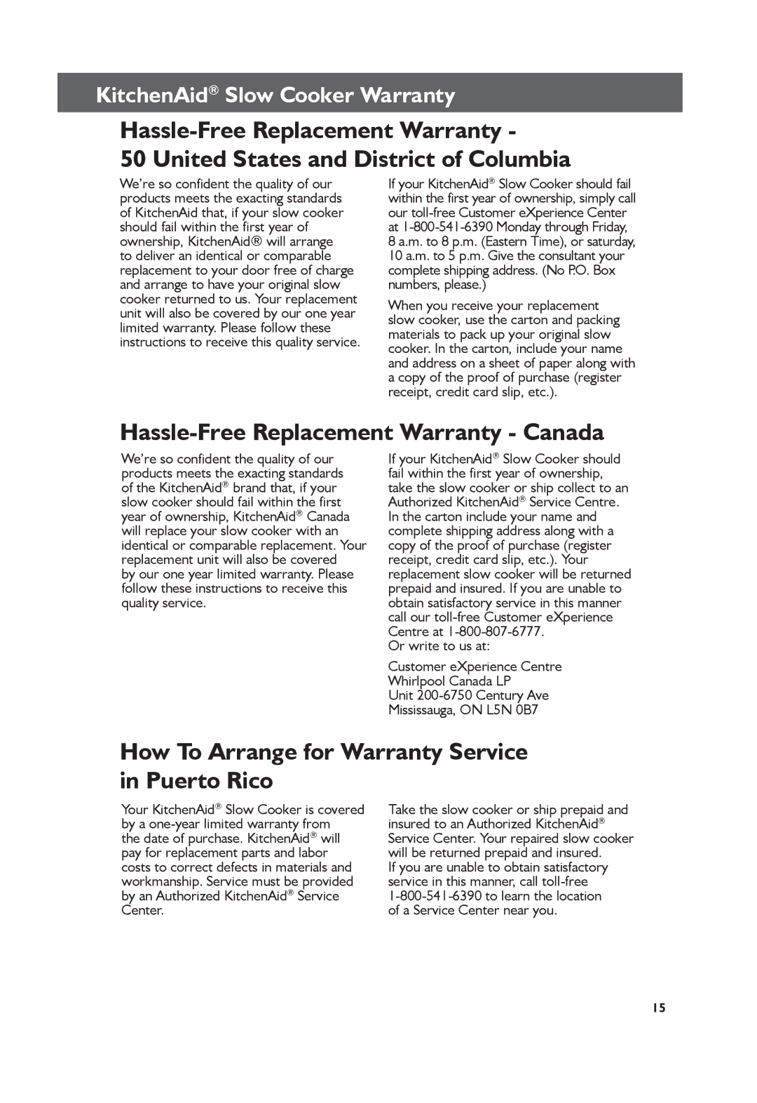 KitchenAid KSC6223, KSC6222 Hassle-Free Replacement Warranty Canada, How To Arrange for Warranty Service in Puerto Rico 