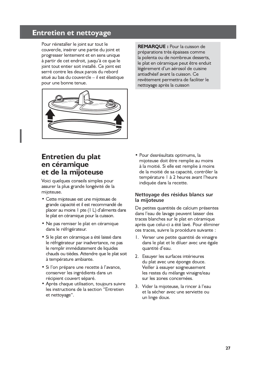 KitchenAid KSC6223, KSC6222 manual Ne pas remiser le plat en céramique dans le réfrigérateur 