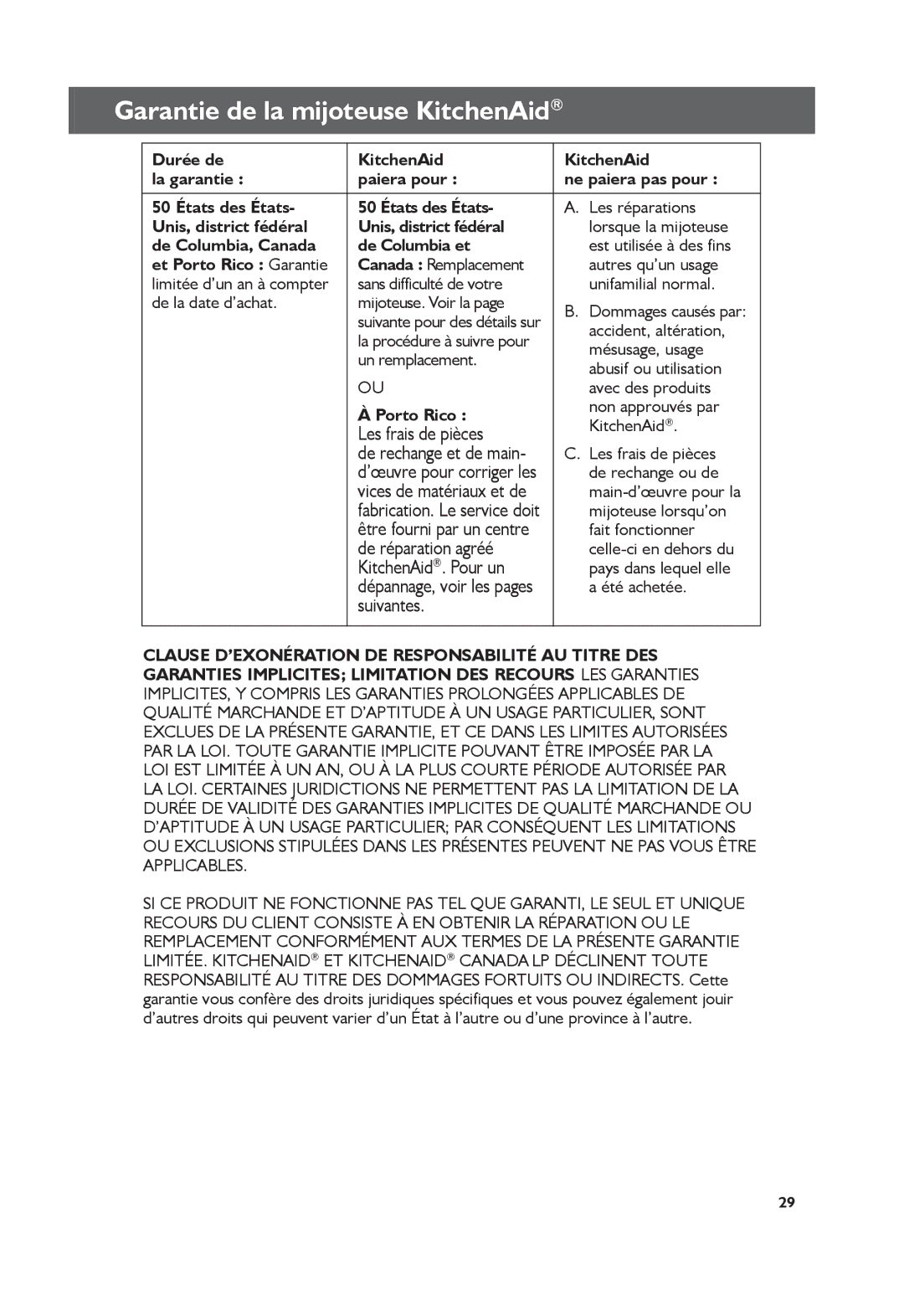 KitchenAid KSC6223 manual Garantie de la mijoteuse KitchenAid, Unis, district fédéral, De Columbia, Canada De Columbia et 