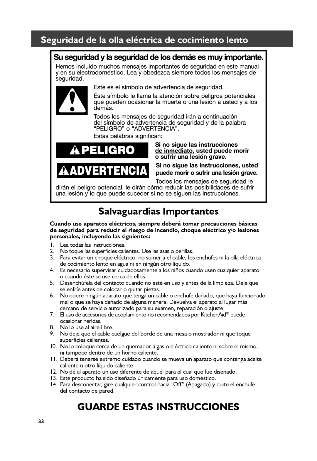 KitchenAid KSC6223, KSC6222 manual Salvaguardias Importantes, Seguridad de la olla eléctrica de cocimiento lento 