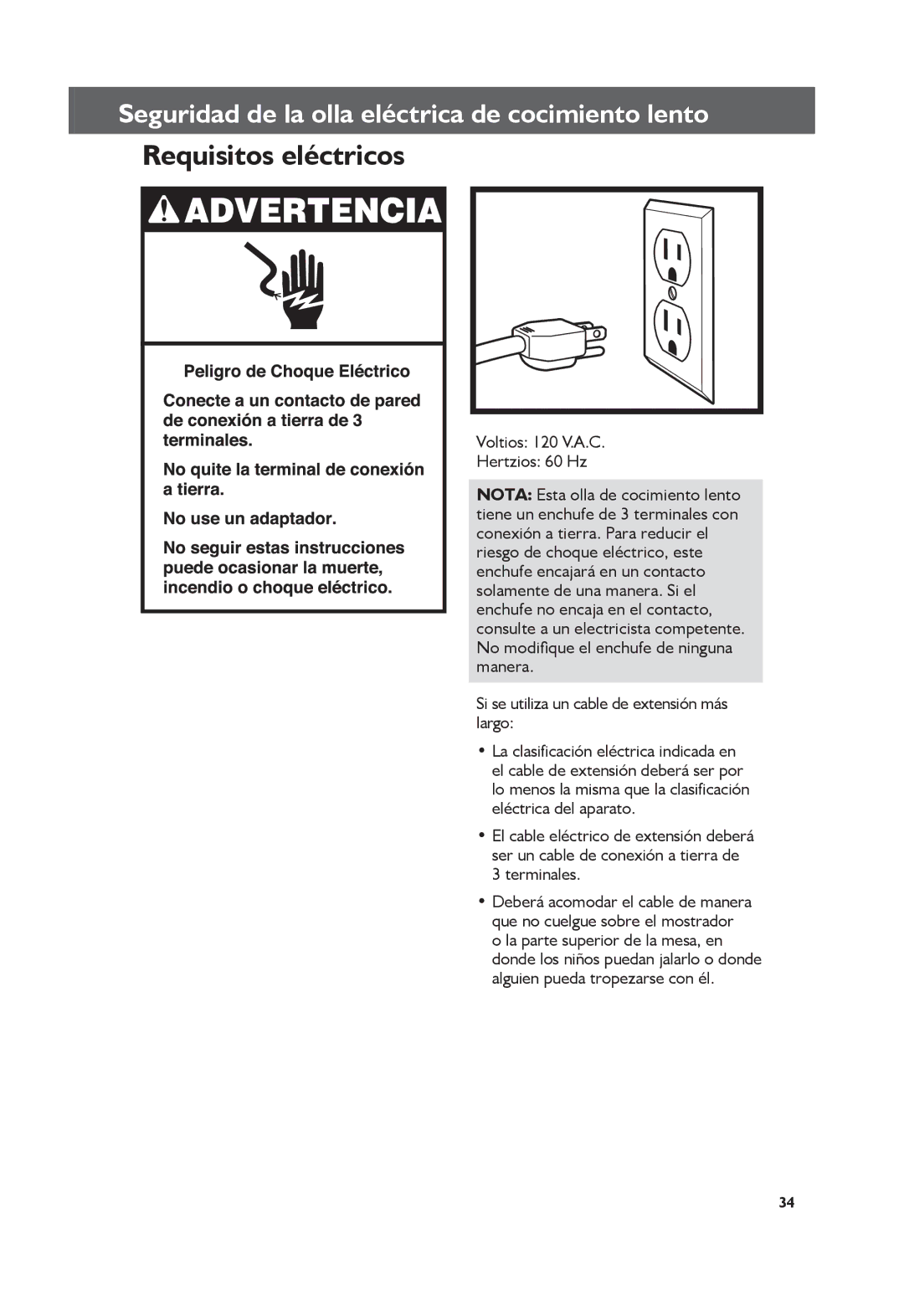 KitchenAid KSC6222 Requisitos eléctricos, Voltios 120 V.A.C Hertzios 60 Hz, Si se utiliza un cable de extensión más largo 