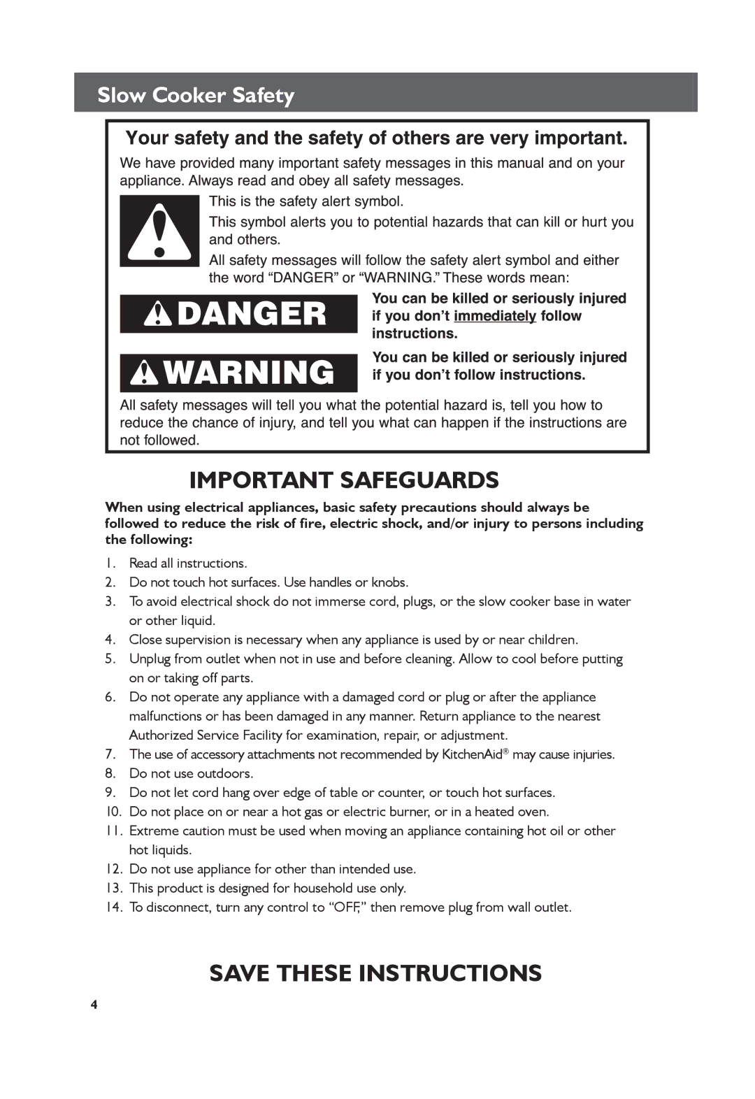 KitchenAid KSC6222, KSC6223 manual Important Safeguards, Slow Cooker Safety 