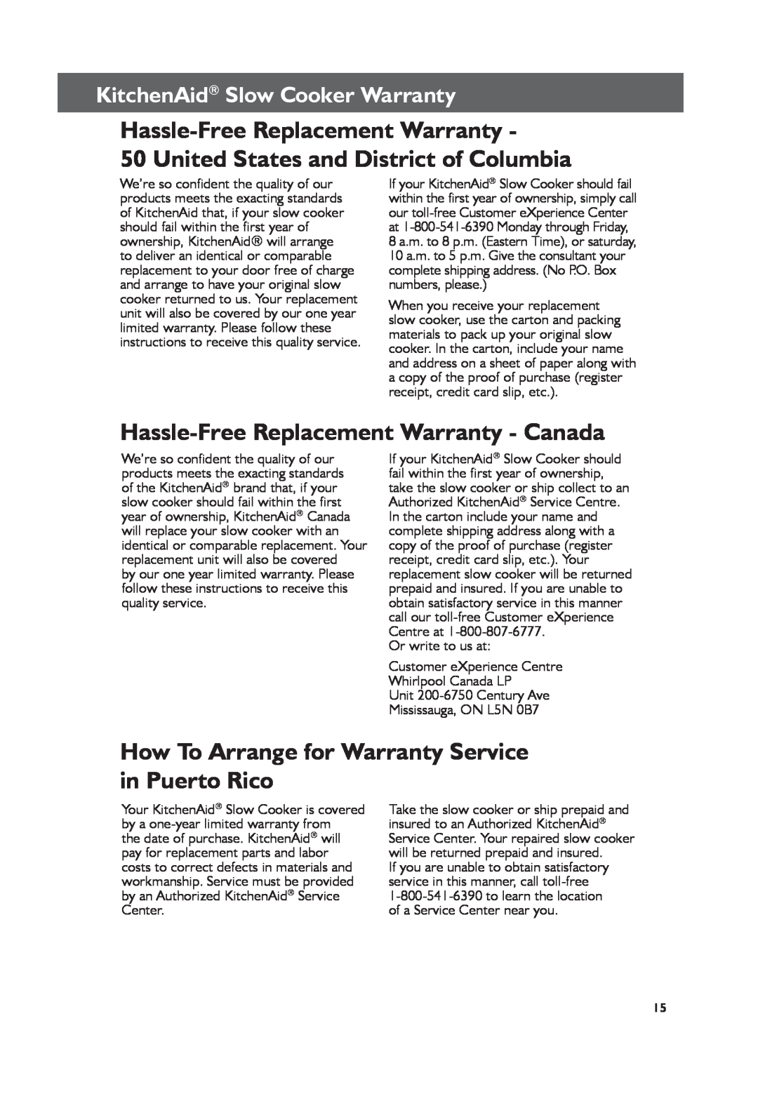 KitchenAid KSC6223, KSC6222 manual Hassle-Free Replacement Warranty, United States and District of Columbia 