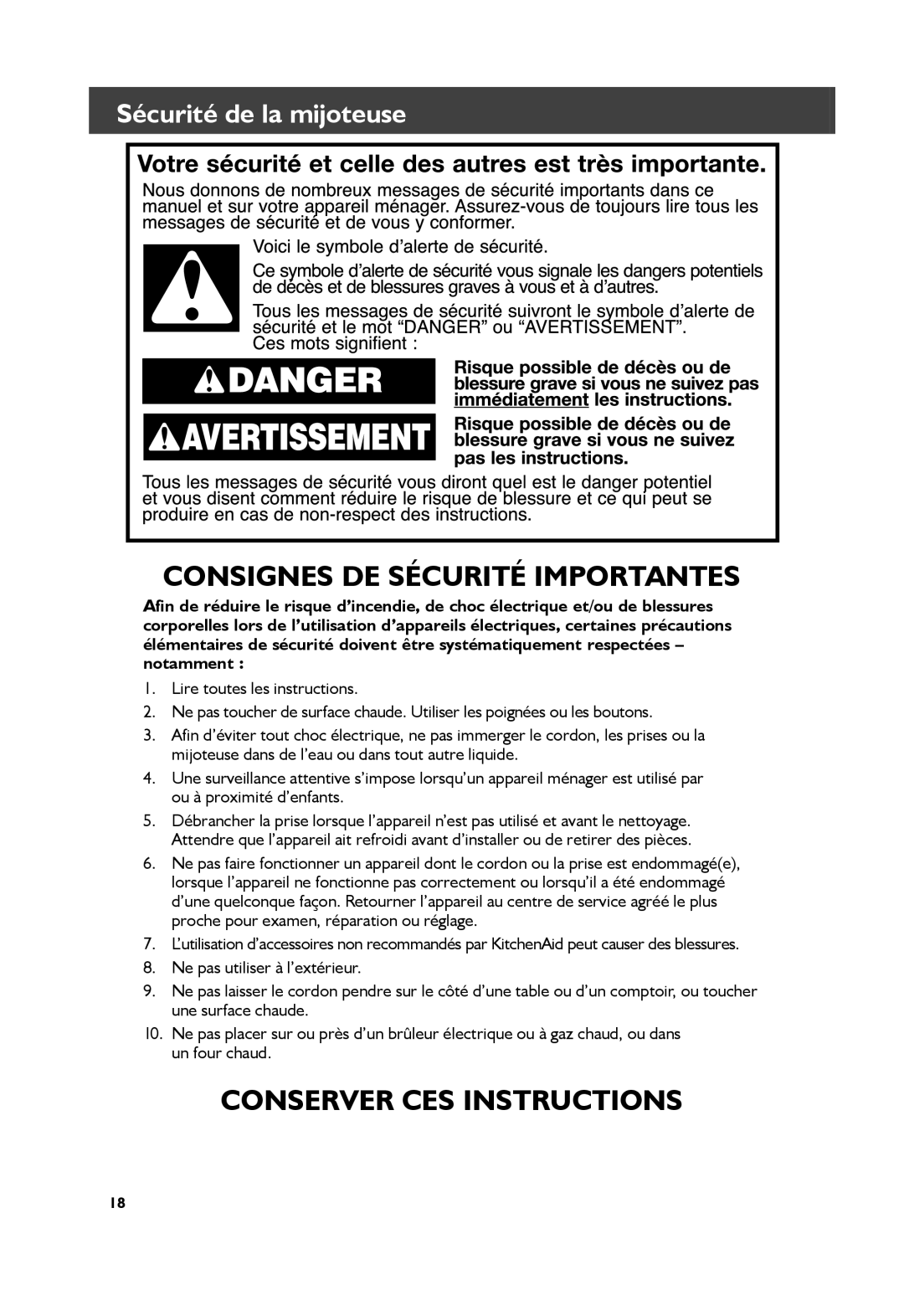 KitchenAid KSC6222, KSC6223 manual Consignes De Sécurité Importantes, Conserver Ces Instructions, Sécurité de la mijoteuse 