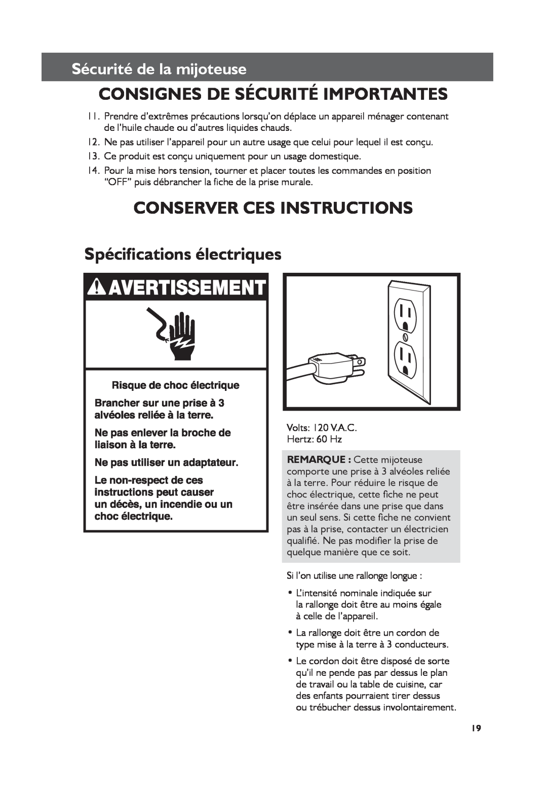 KitchenAid KSC6223, KSC6222 manual CONSERVER CES INSTRUCTIONS Spécifications électriques, Consignes De Sécurité Importantes 