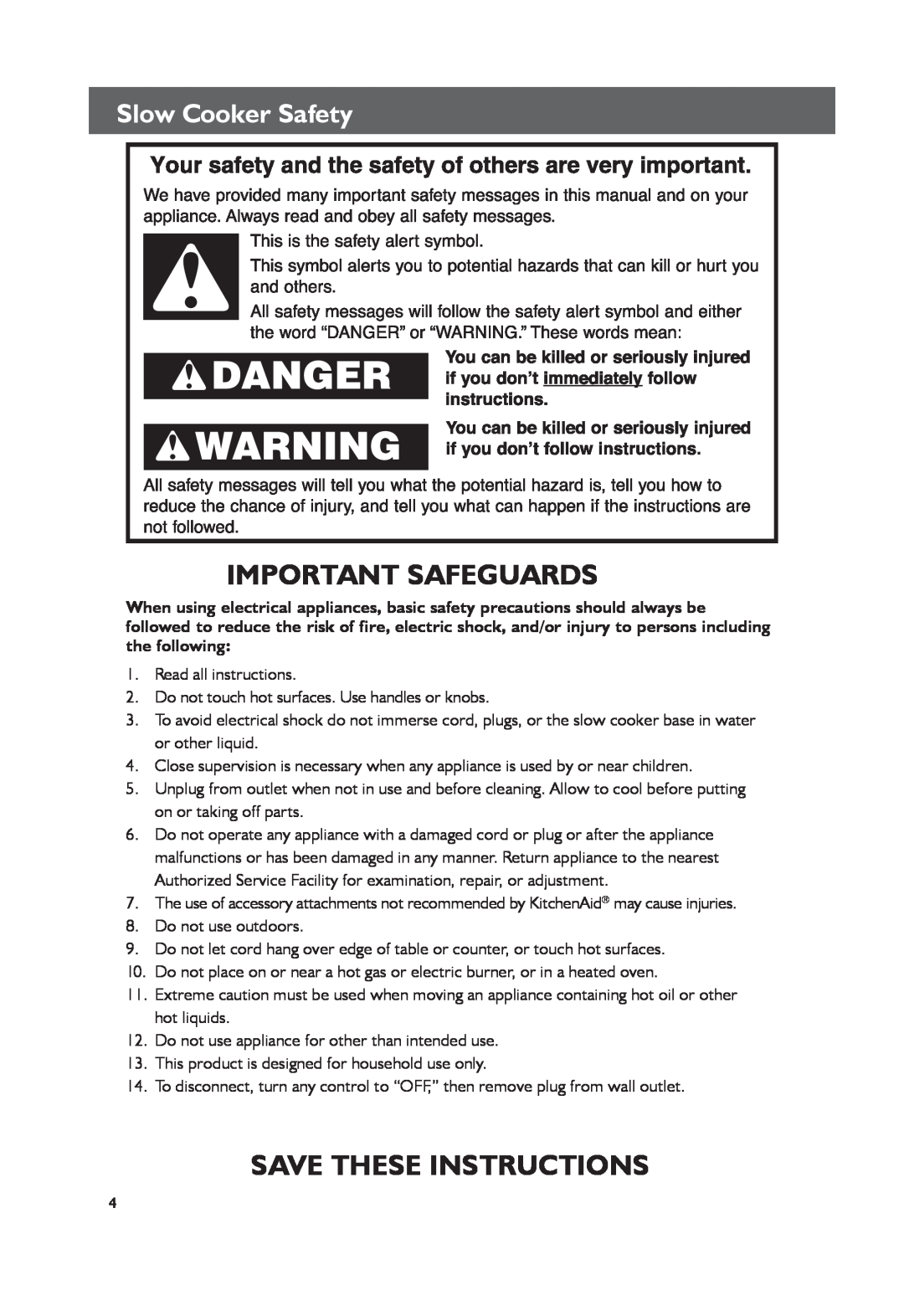 KitchenAid KSC6222, KSC6223 manual Important Safeguards, Save These Instructions, Slow Cooker Safety 