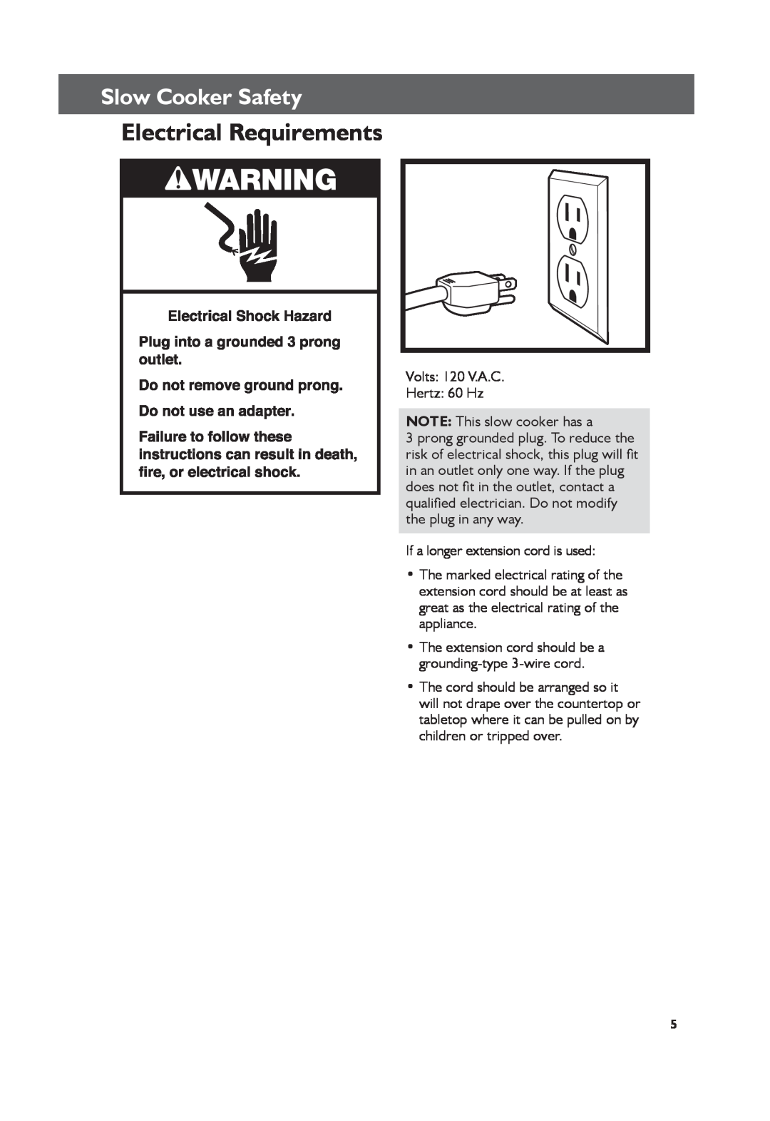 KitchenAid KSC6223, KSC6222 manual Electrical Requirements, Slow Cooker Safety 