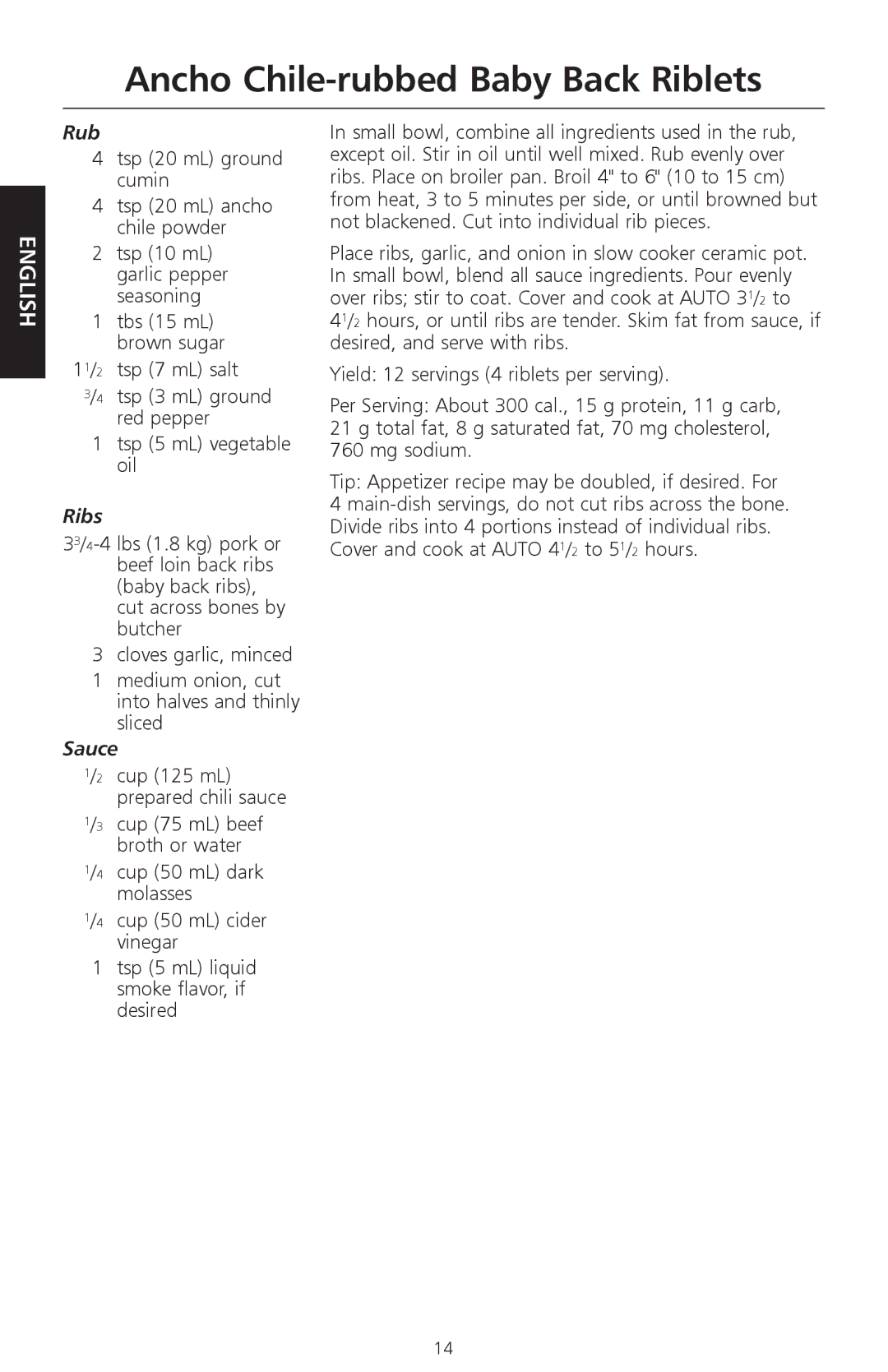 KitchenAid KSC700 manual Ancho Chile-rubbed Baby Back Riblets, Tsp 20 mL ground cumin 