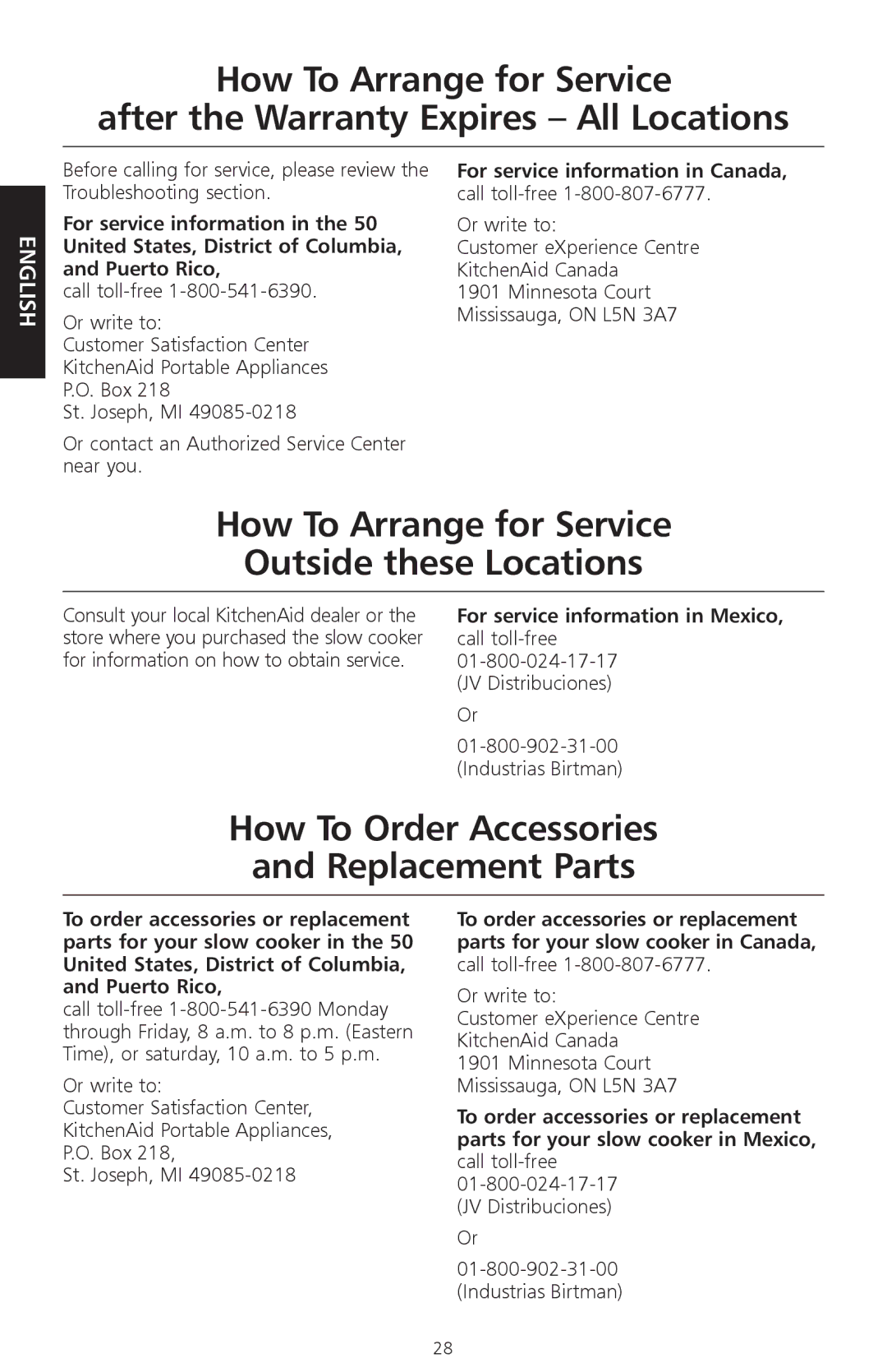 KitchenAid KSC700 manual How To Arrange for Service Outside these Locations, How To Order Accessories Replacement Parts 