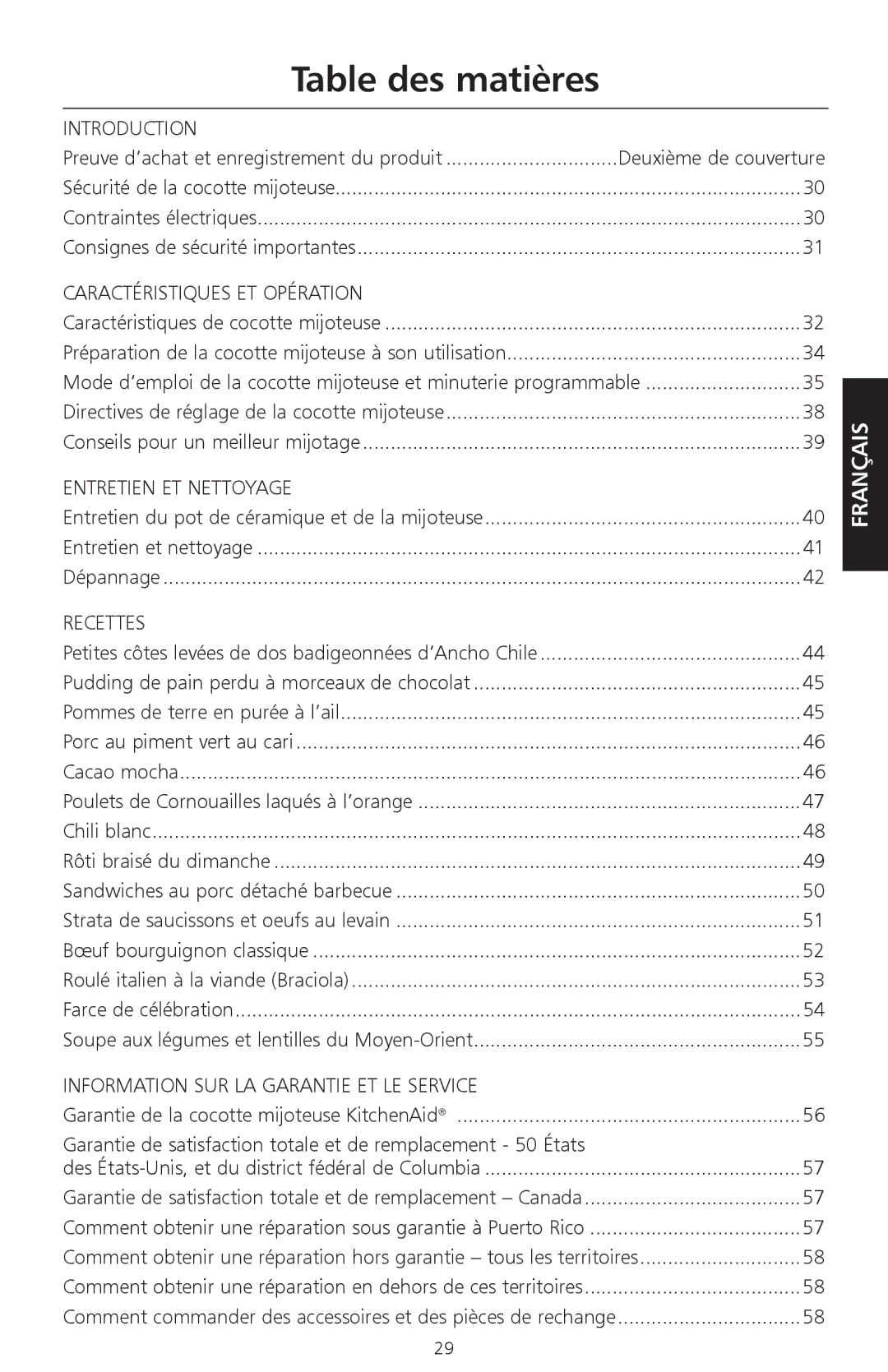 KitchenAid KSC700 manual Table des matières, Caractéristiques de cocotte mijoteuse 