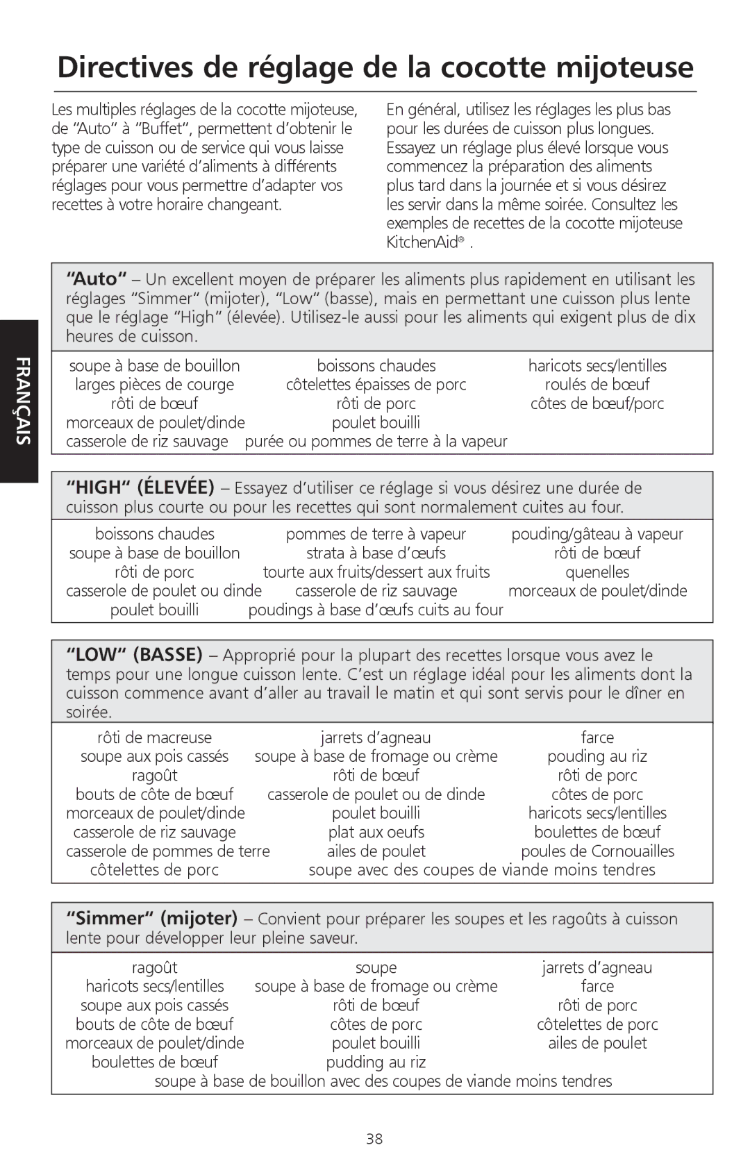 KitchenAid KSC700 manual Directives de réglage de la cocotte mijoteuse, Casserole de pommes de terre 