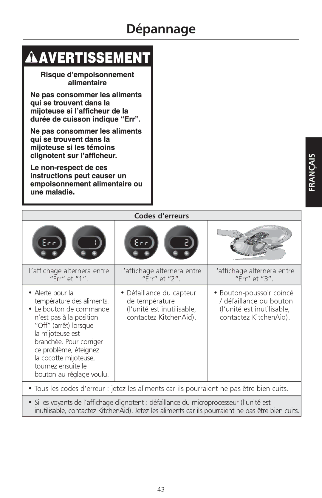 KitchenAid KSC700 manual Codes d’erreurs, ’affichage alternera entre, De température Défaillance du bouton 