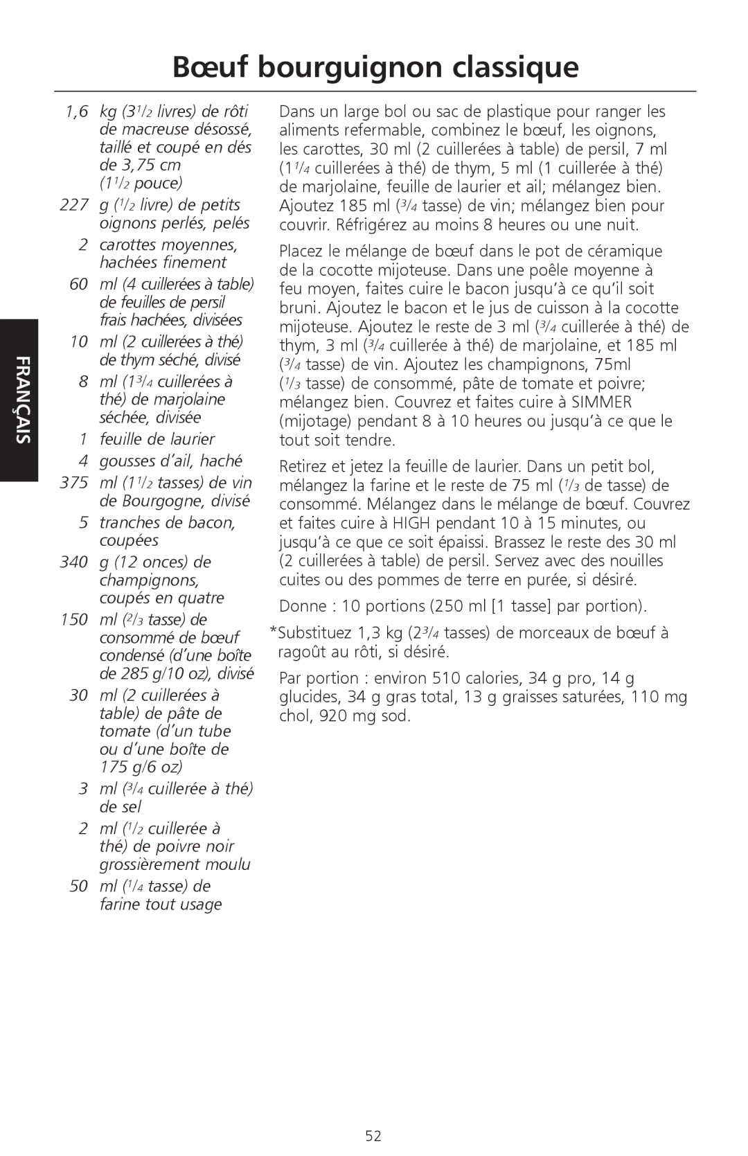 KitchenAid KSC700 manual Bœuf bourguignon classique, 11/2 pouce, Feuille de laurier Gousses d’ail, haché 