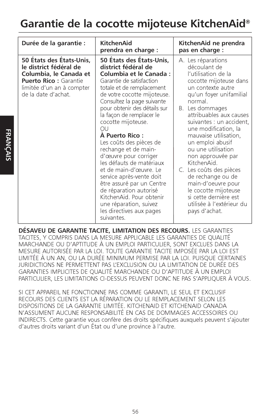 KitchenAid KSC700 manual Garantie de la cocotte mijoteuse KitchenAid, Le district fédéral de District fédéral de 