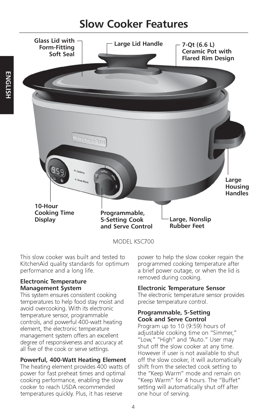 KitchenAid KSC700 Slow Cooker Features, Glass Lid with Form-Fitting Soft Seal, Electronic Temperature Management System 