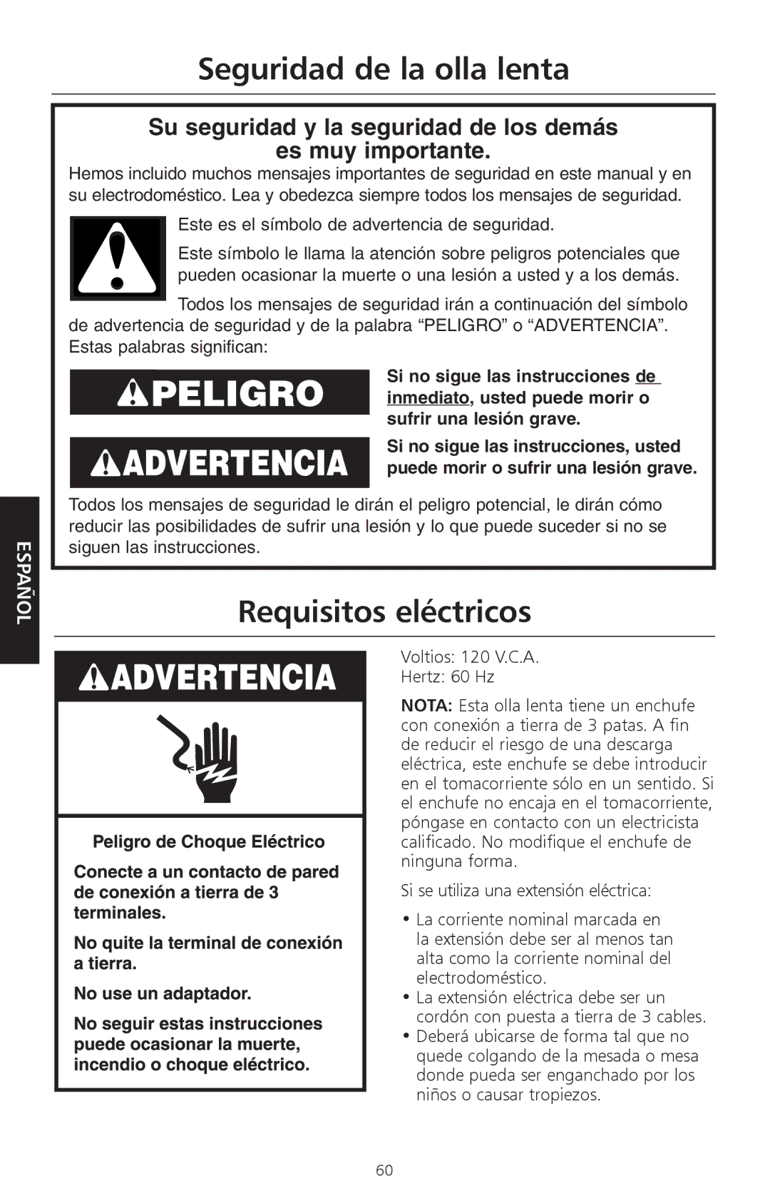 KitchenAid KSC700 manual Seguridad de la olla lenta, Requisitos eléctricos 